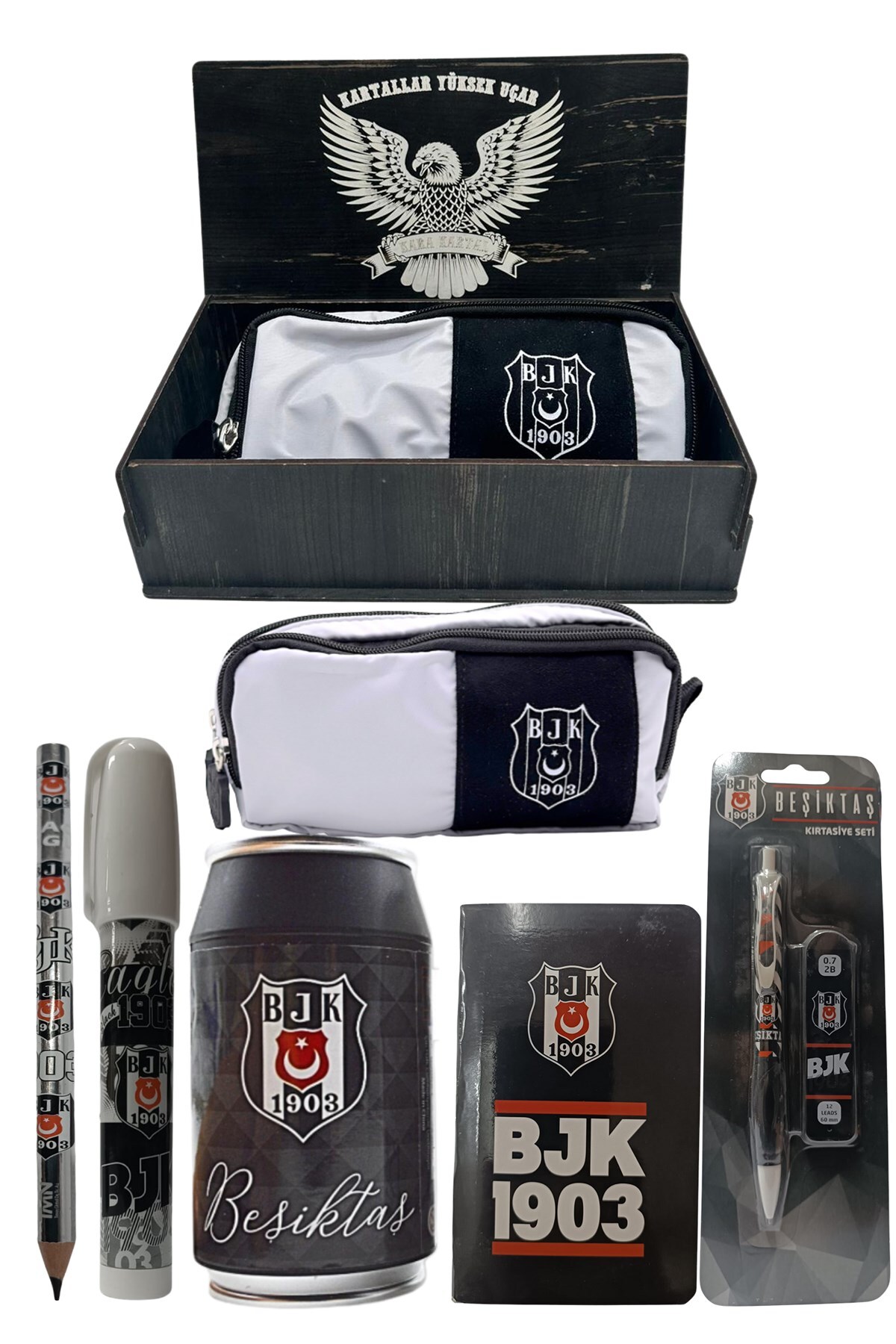 Beşiktaş Orjinal Lisanslı Siyah Kutu Kalemtraş Ahşap Kutulu 6'lı Kırtasiye Seti