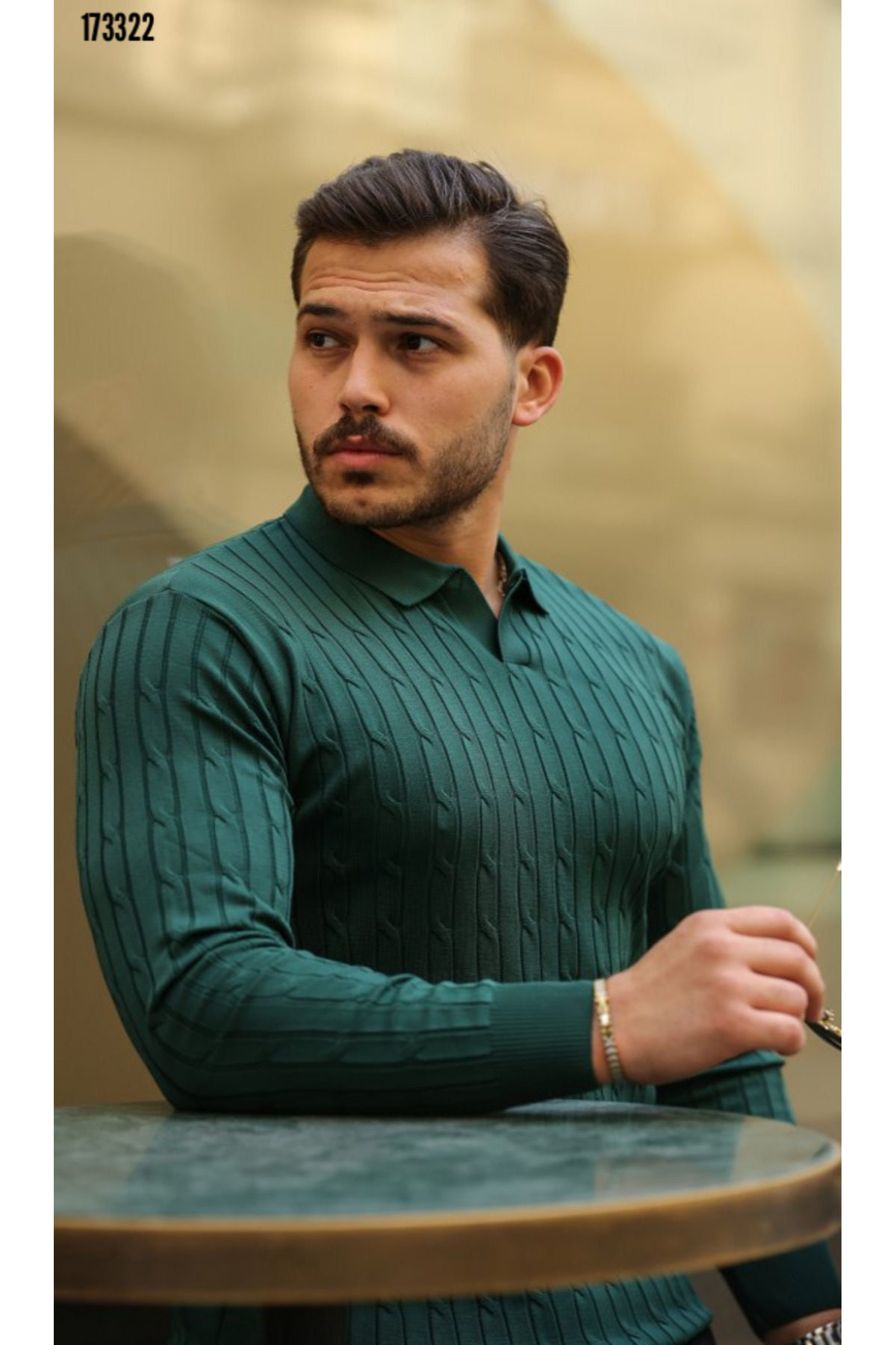 Erkek Örgü Desen Uzun Kollu Triko Polo Yaka Kazak