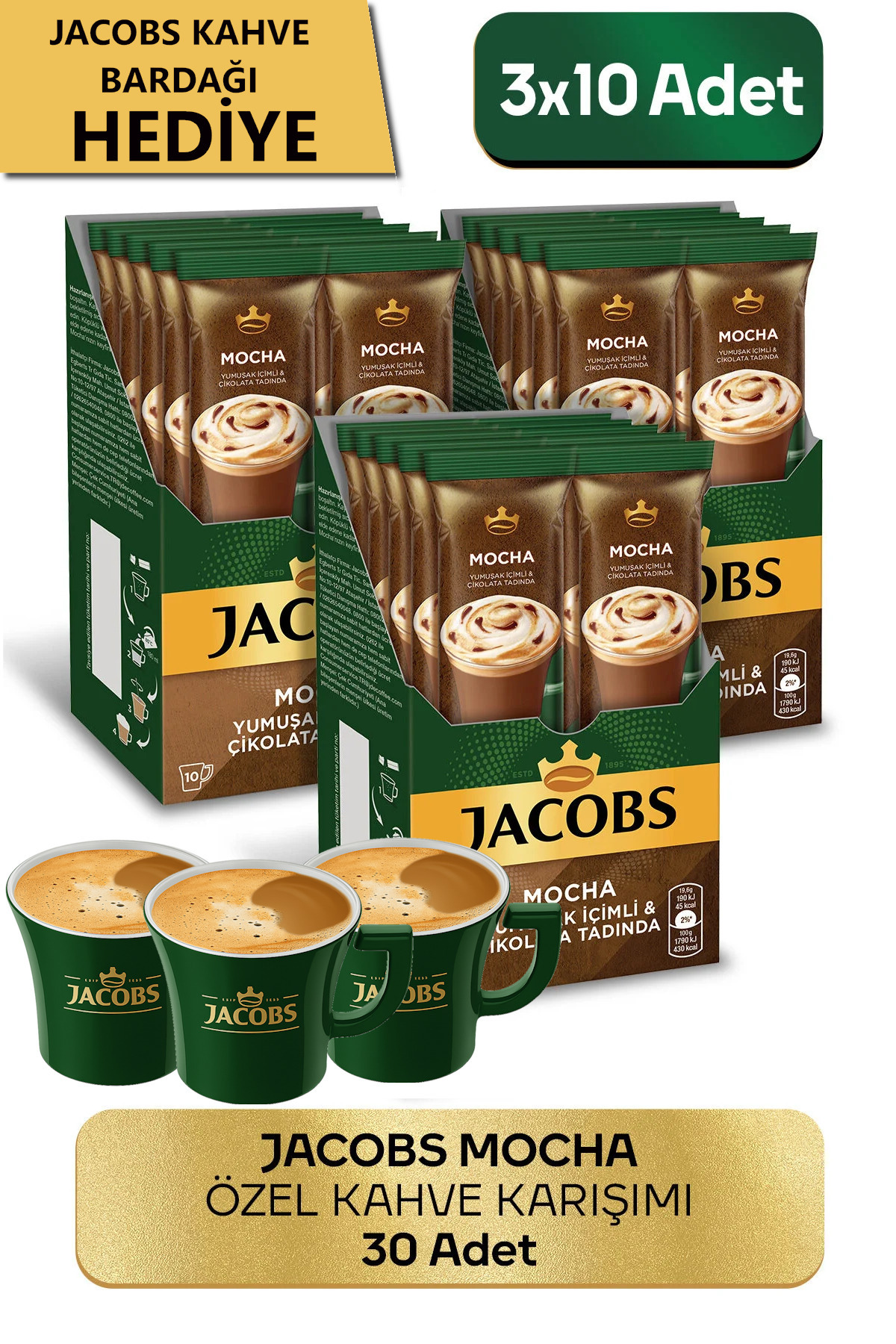 Jacobs Mocha 10'lu - Yumuşak Içimli & Çikolata Tadında x 3 Adet (3 Adet Kahve Bardağı Hediyeli)