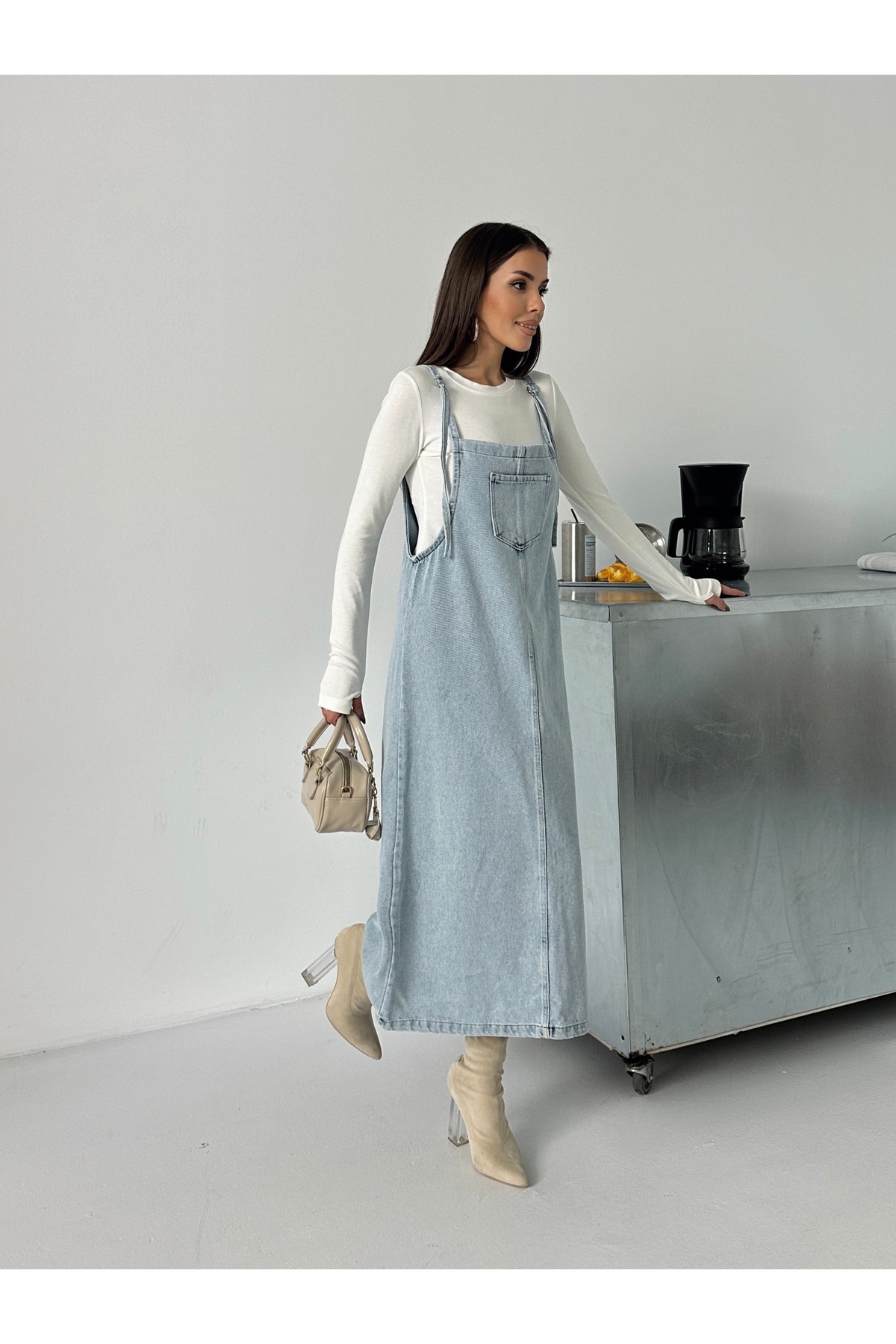 BLUE MARLIN  KADIN UZUN TAŞ ASKILI BAHÇEVAN KOT ELBİSE - Görsel 3