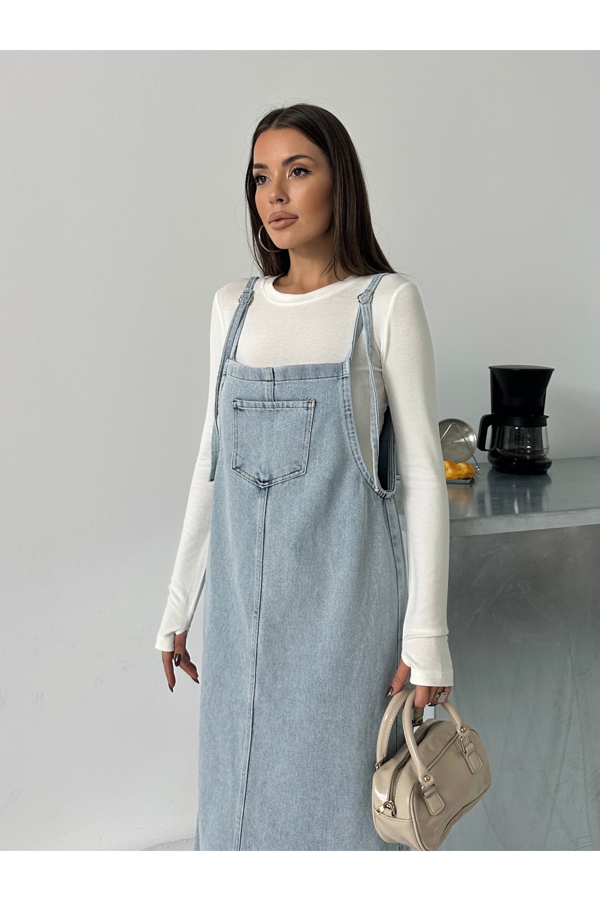 BLUE MARLIN  KADIN UZUN TAŞ ASKILI BAHÇEVAN KOT ELBİSE - Görsel 4