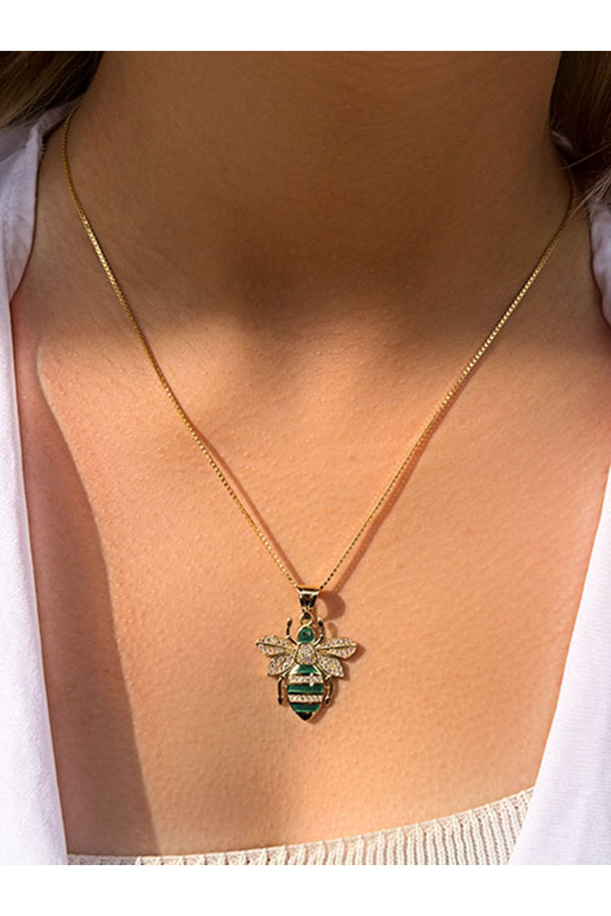 UZUNDAĞ KUYUMCULUK 14 Ayar Altın Yeşil Mineli Arı Arı Kolye