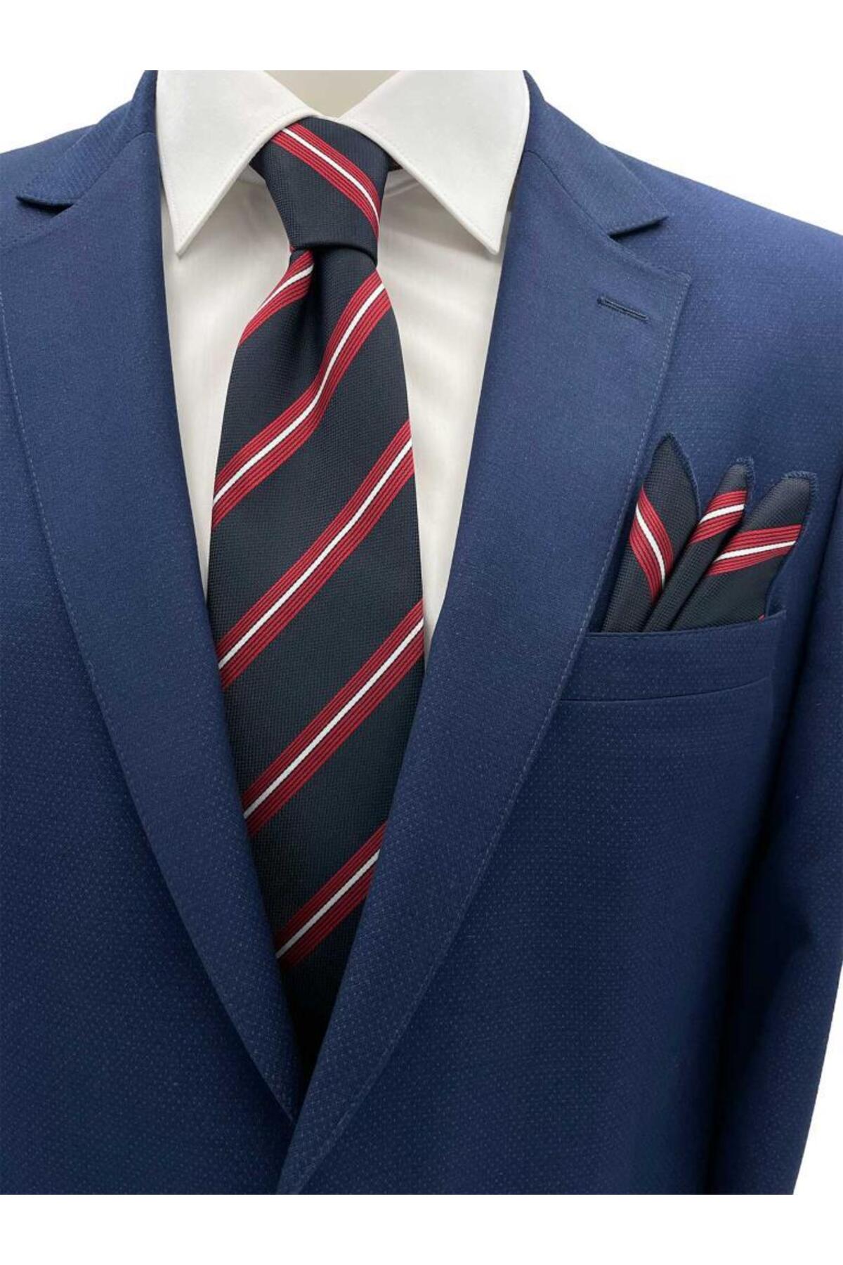 ست کراوات و دستمال جیبی راه راه سرمه‌ای، قرمز و سفید ۷.۵ سانتی‌متری