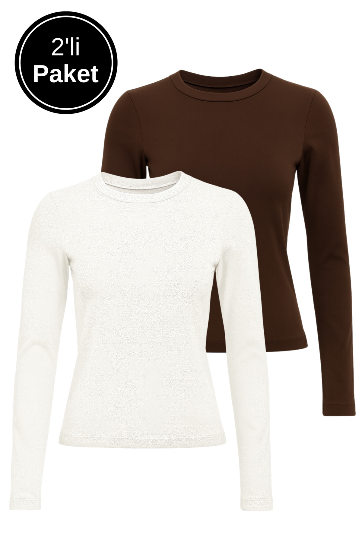 Rich Women's White-Brown 2-Pack Crew Neck Stretchy Fabric Fitted Long Sleeve Crop Bodysuit