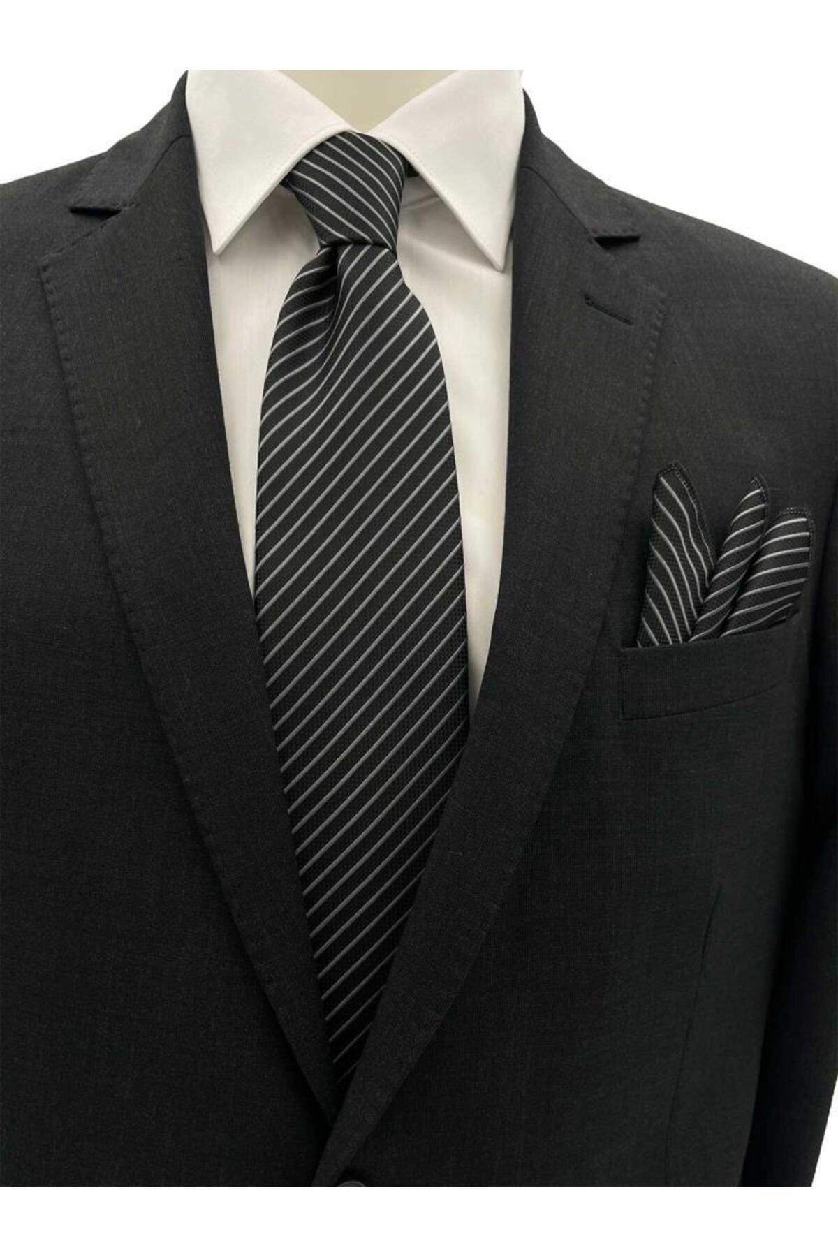  ست کراوات و دستمال جیبی راه راه مشکی خاکستری ۷.۵ سانتی‌متری