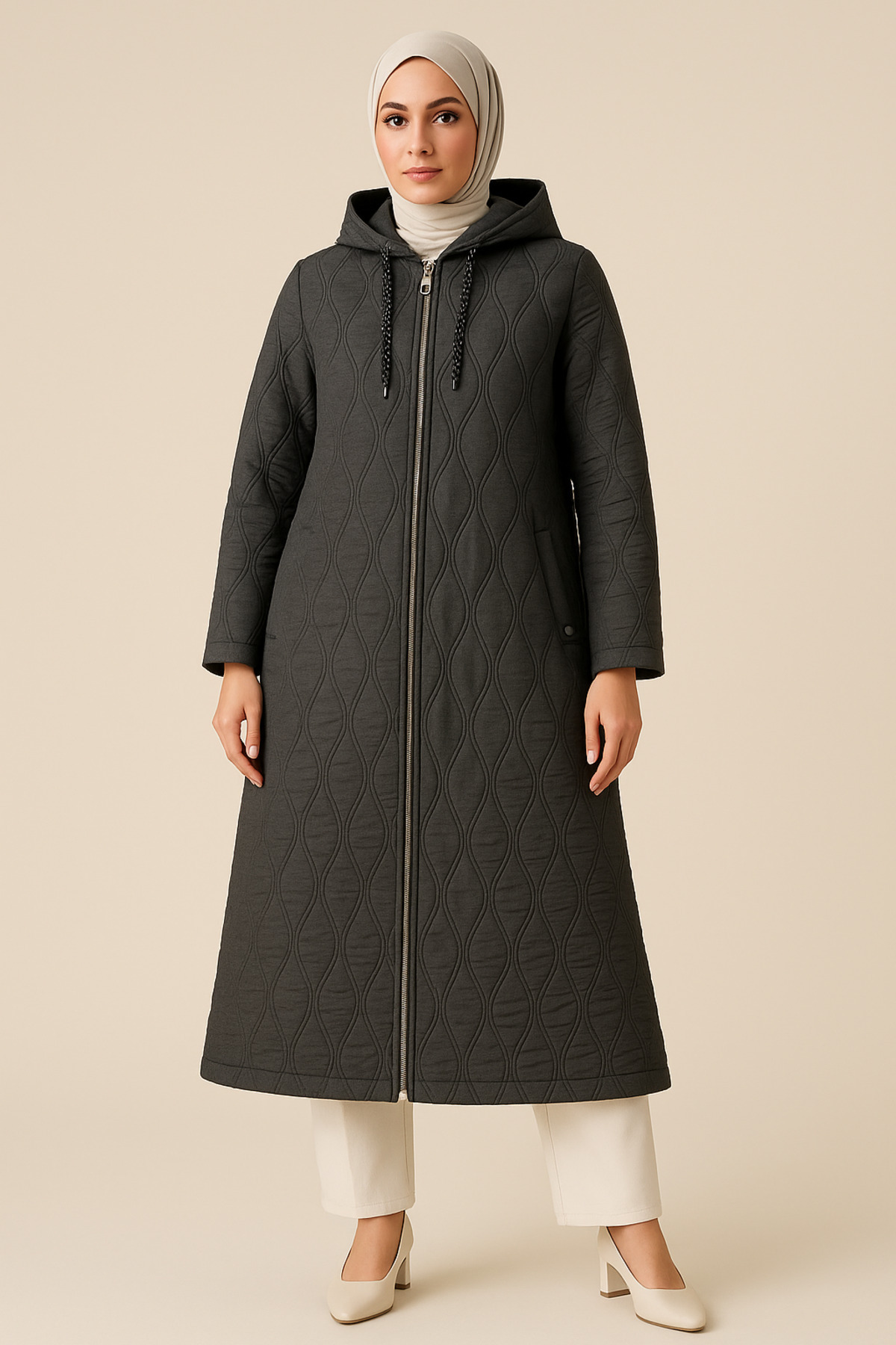 SENFONİ Kadın Kapitone Uzun Fermuarlı Kapüşonlu Mont