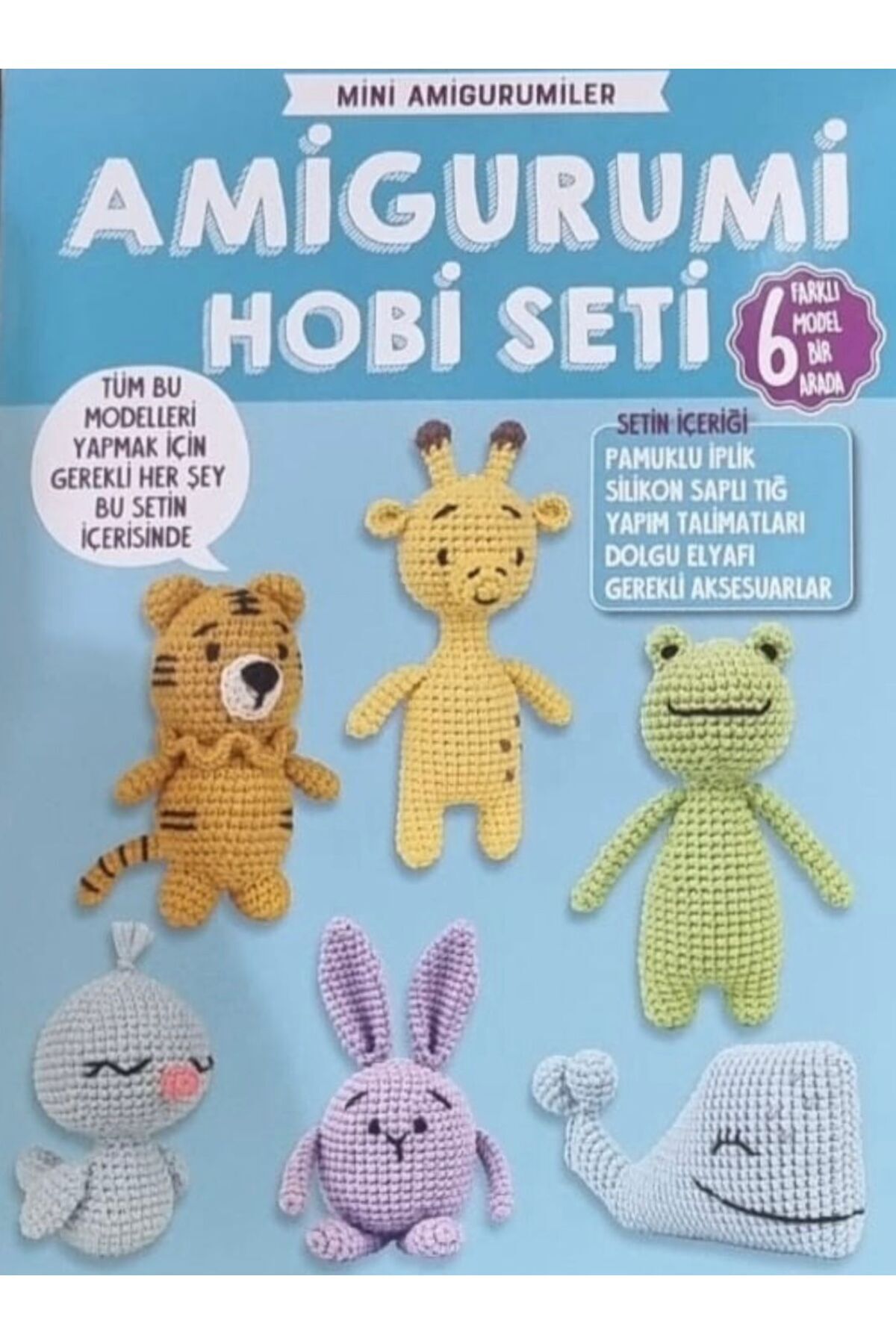 BALIM ÖRGÜ EVİ Mini Amigurumi Hobi Seti 6 Model Tarifi– İp, Elyaf, Tığ, Aksesuar – Oyuncak Yapım Seti Mavi Paket