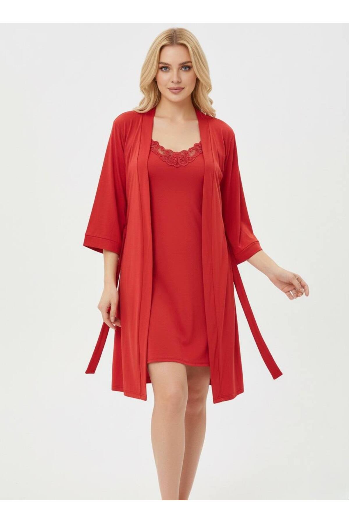 cherry queen Mikro Penye Dantel Gecelik & Sabahlık Seti – Yumuşak, Esnek, Şık