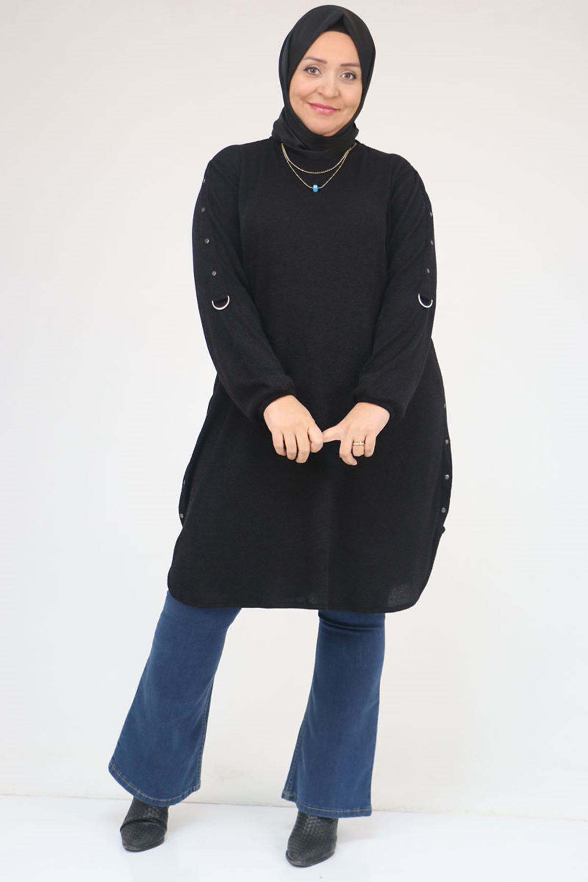 Eslina 58131 Büyük Beden Kol Ve Etek Uçları Perçinli Mir Tunik - Siyah