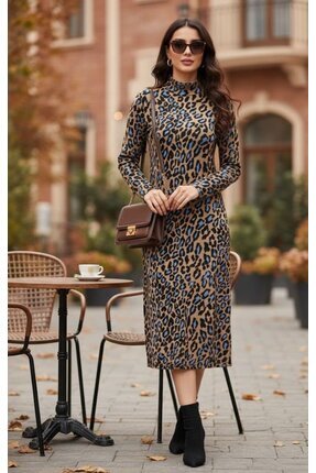 Çirkinşey Çirkin Şey Kadın Uzun Kollu Balıkçı Yaka Leopar Desenli Midi Boy El...