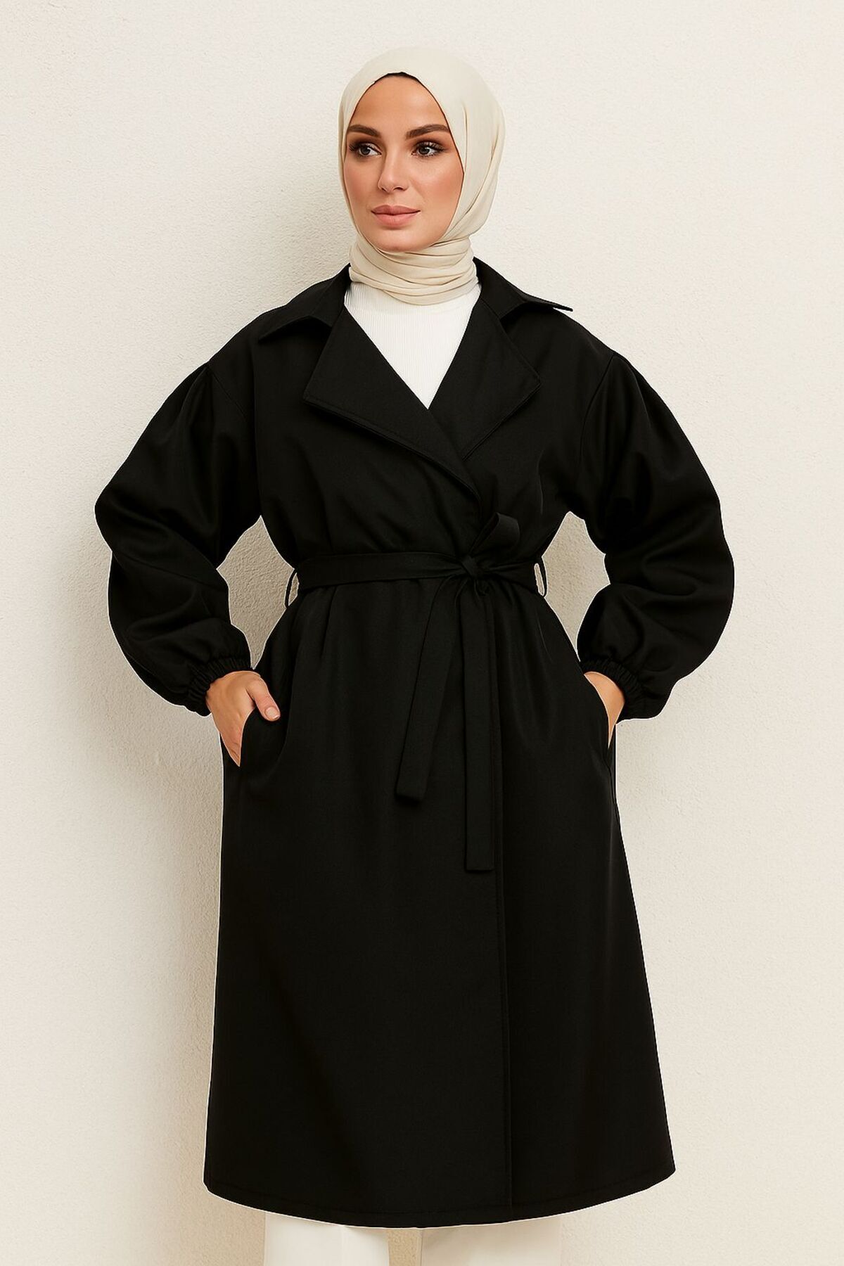 luvia34 Kadın Belden Bağlamalı Siyah Balon Kol Trenç