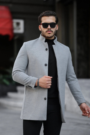 BERMUDA Erkek Gri Slim Dik Yaka Kaşe Kaban