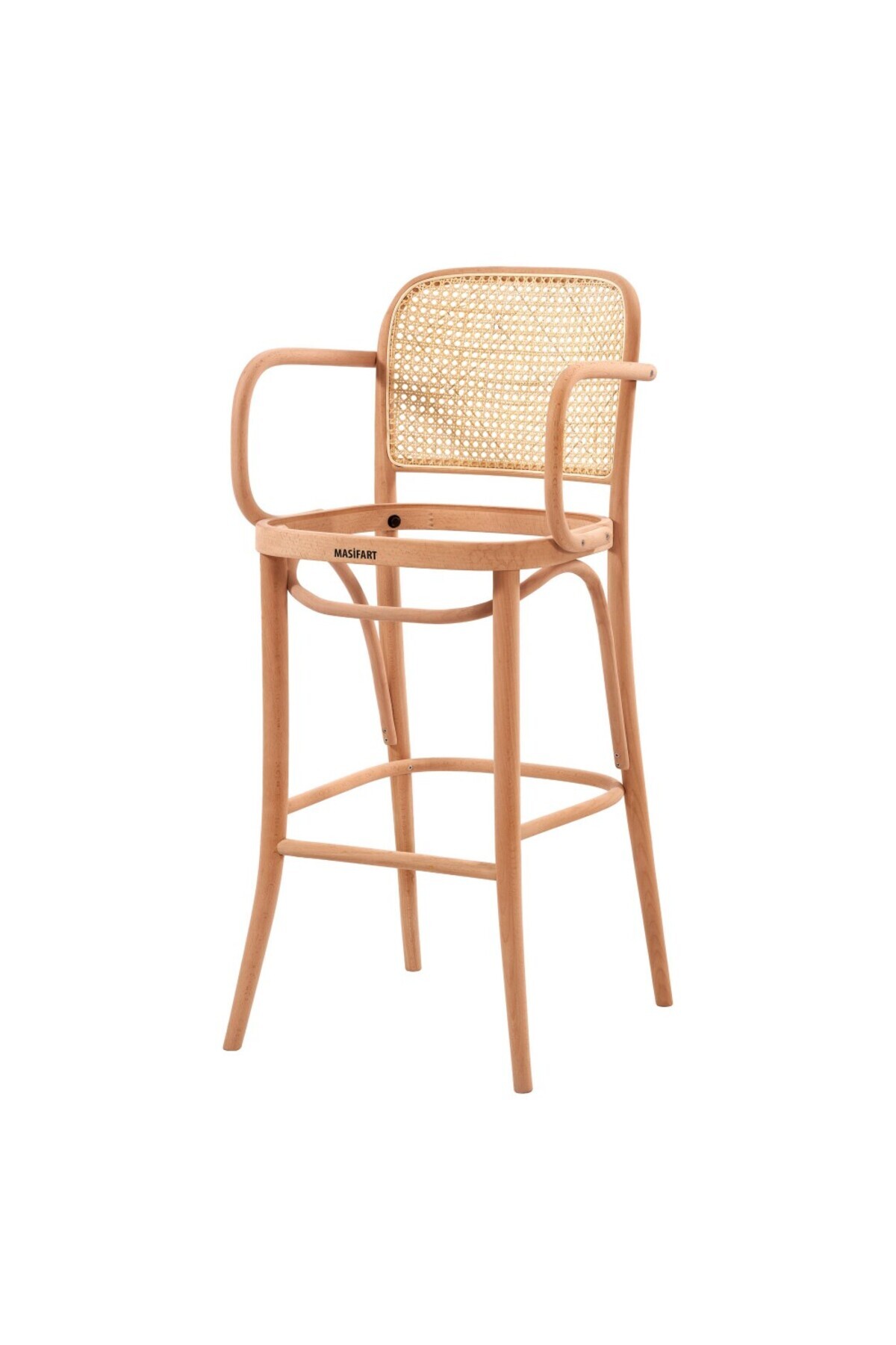 Masifart Alidah Hasırlı Petek Kollu Döşemeli Bar Sandalyesi Cilasız Ham