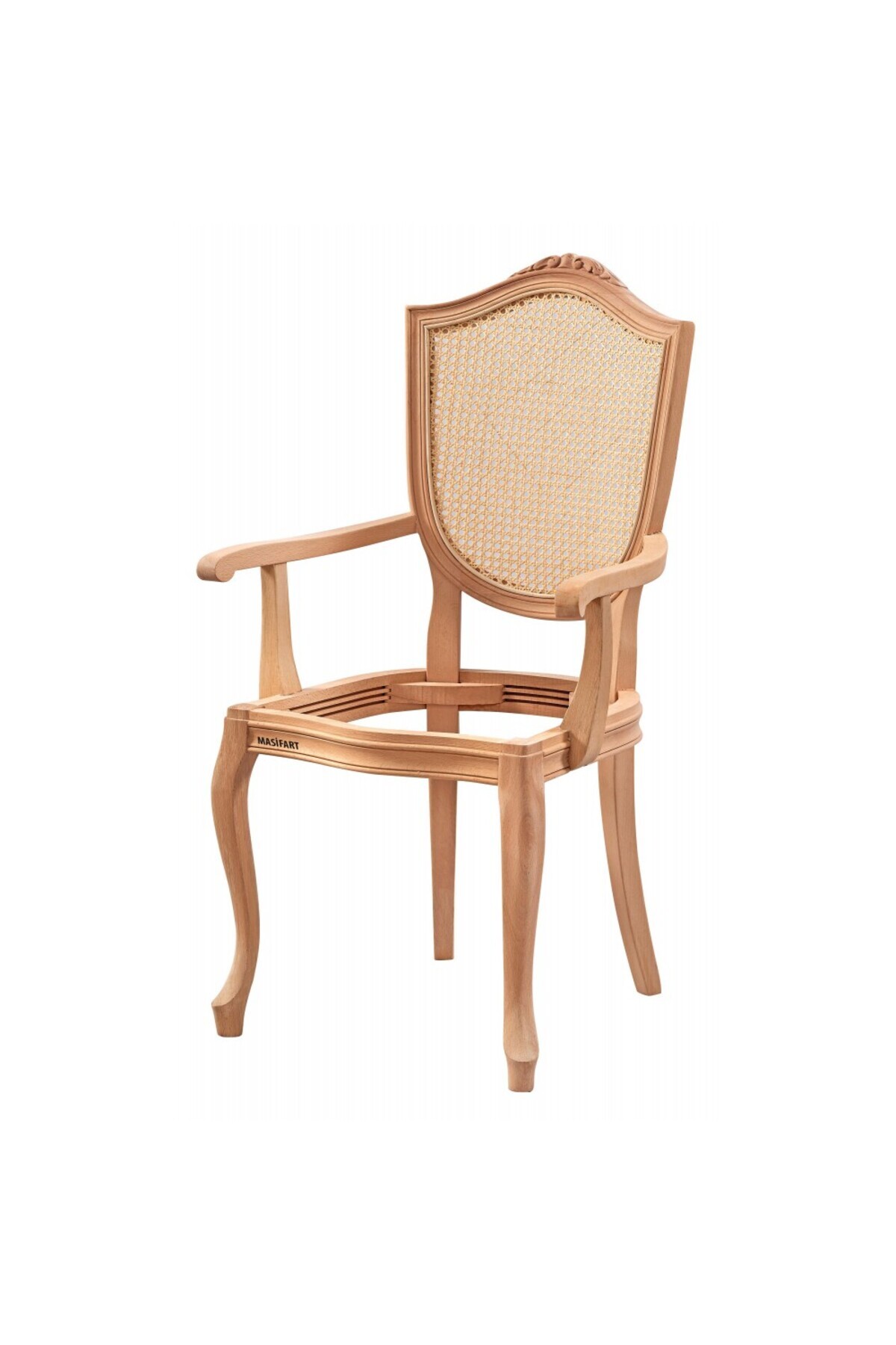 Masifart Kriste Hasırlı Kupa Oymalı Kollu Sandalye Cilasız Ham