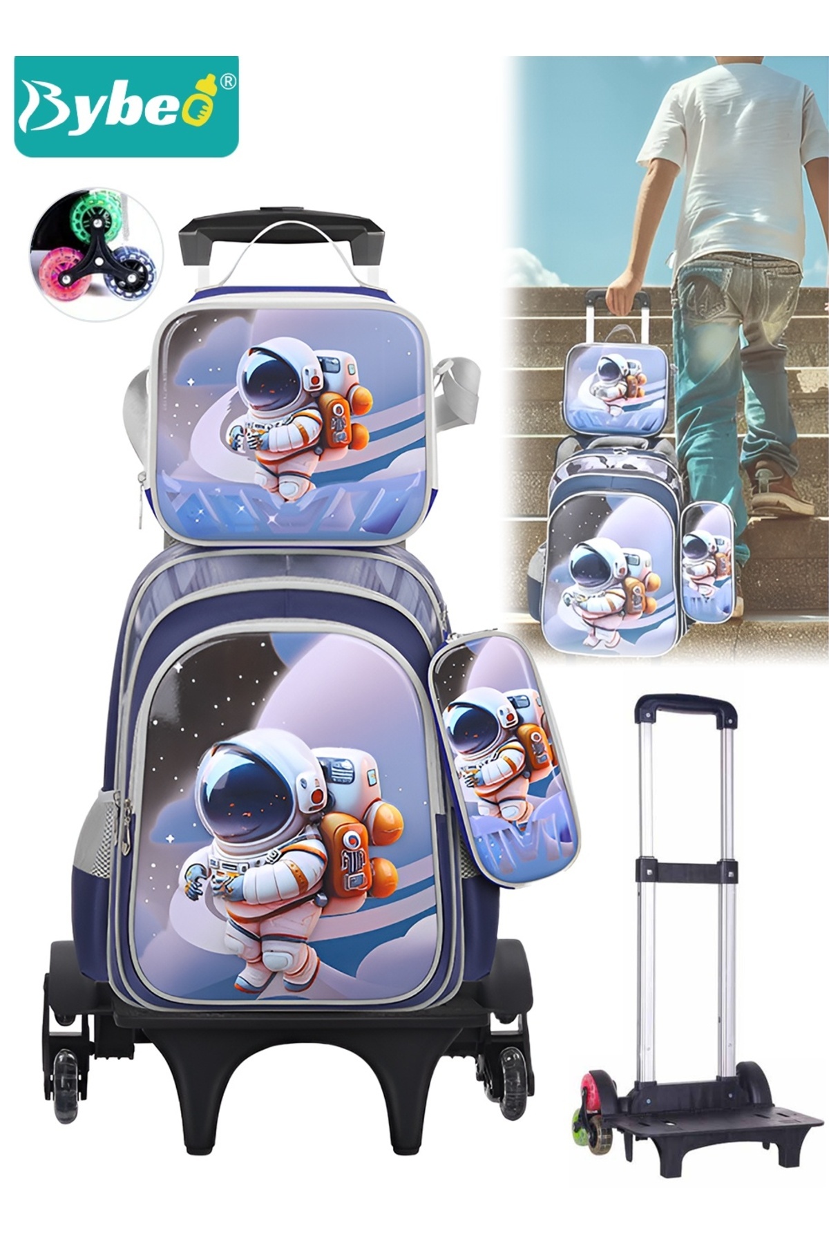 BYBEO 3PCS Children School Bag, Student Rolling Backpacks Set, Trolley School Bag + Lunch Bag + Pencil Case, Kids Backpack for Boys and Girls, Cute Cartoon Schoolbag, Lightweight Trolley Travel Bag with 6 W