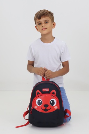 Probag Tilki Figürlü Siyah Kırmızı Anaokulu Kreş Çantası 4 Bölmeli Erkek Çocu...