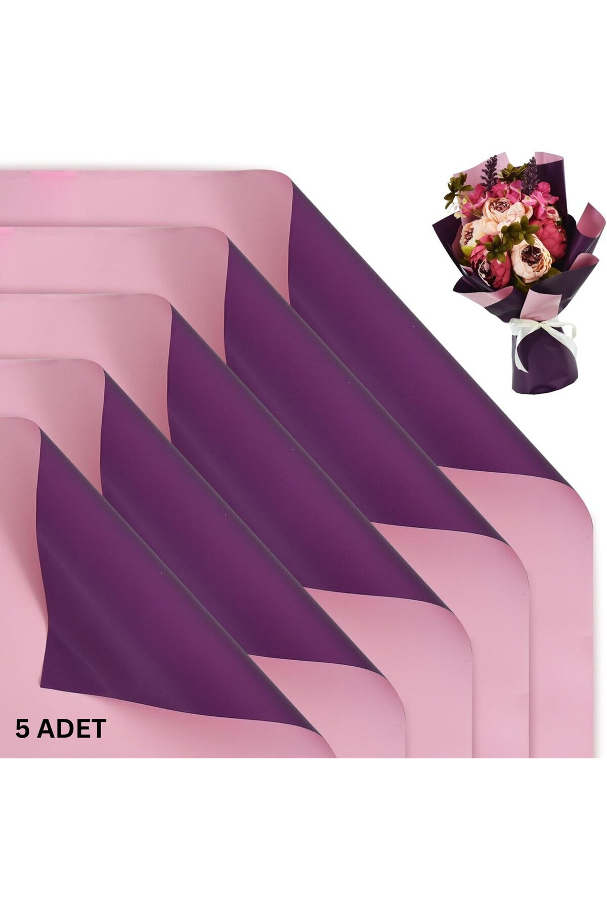 roco paper Çiçek Ambalaj Kağıdı 5li, Çift Yüzlü Mat Şeffaf Hediye Buket Sargı Kağıdı, Mor & Pembe, 58x58 Cm