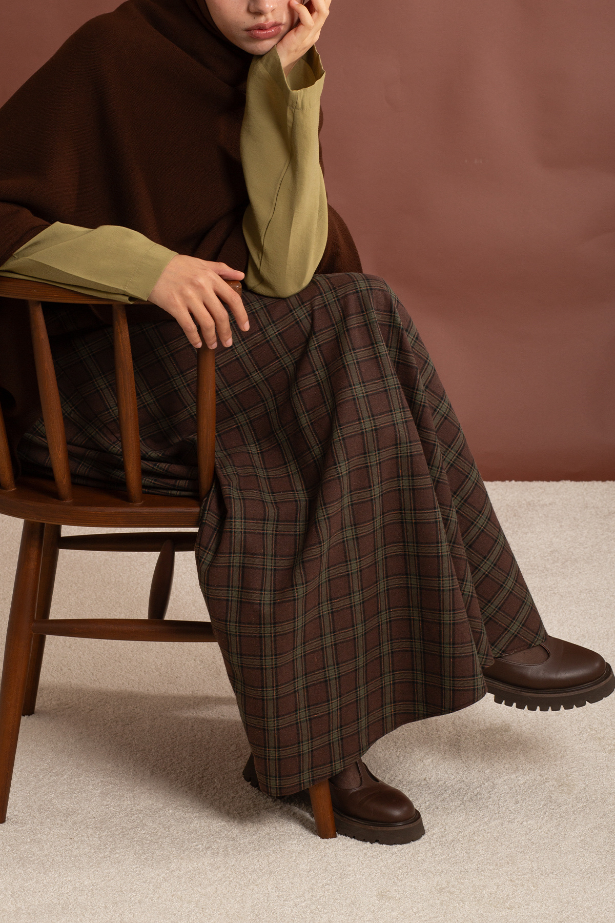 Plaid Pattern Cotton Flared Skirt - Brown
