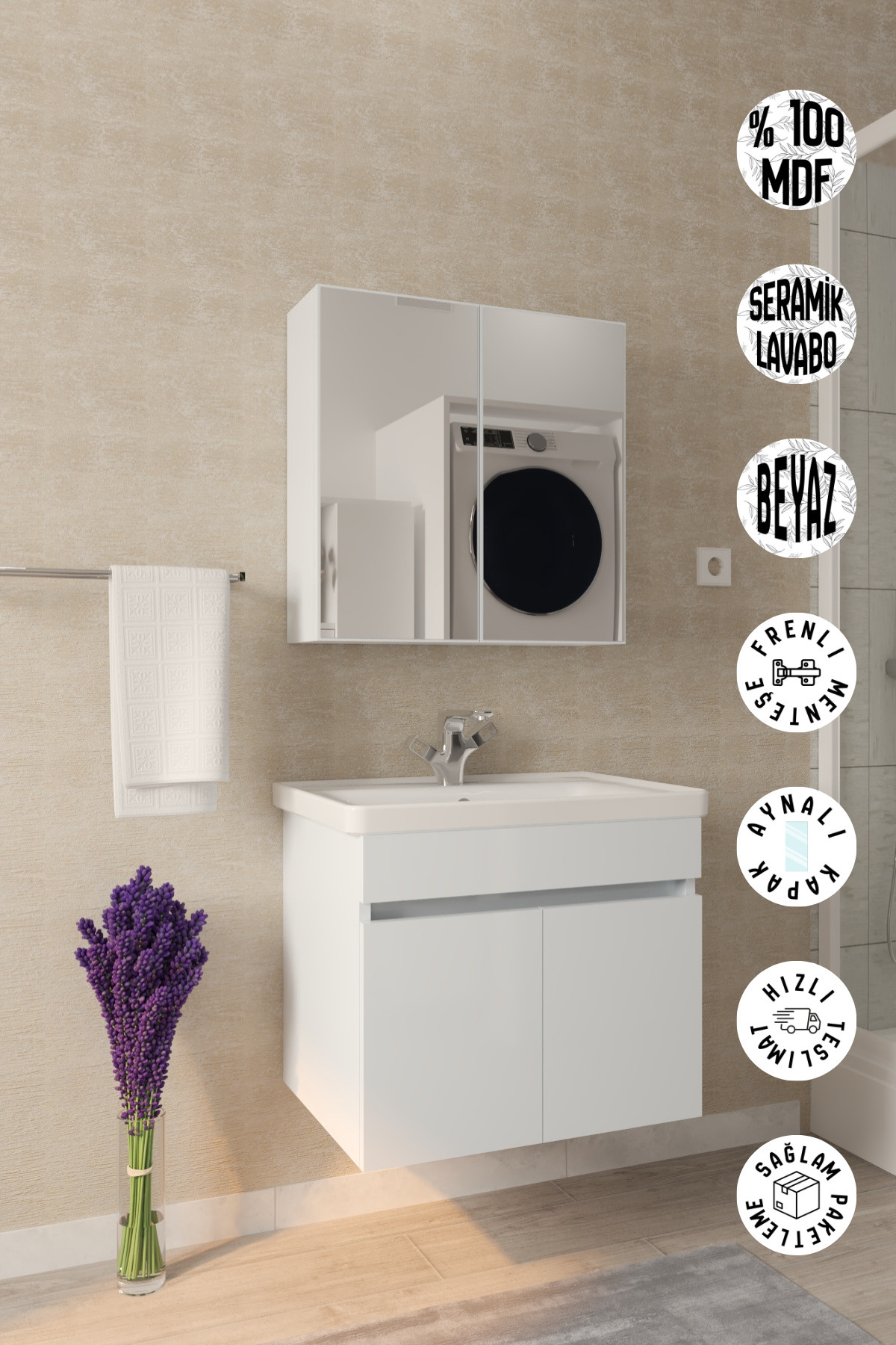 makbulce Tokyo 65cm Seramik Lavabolu MDF Aynalı Banyo Dolabı