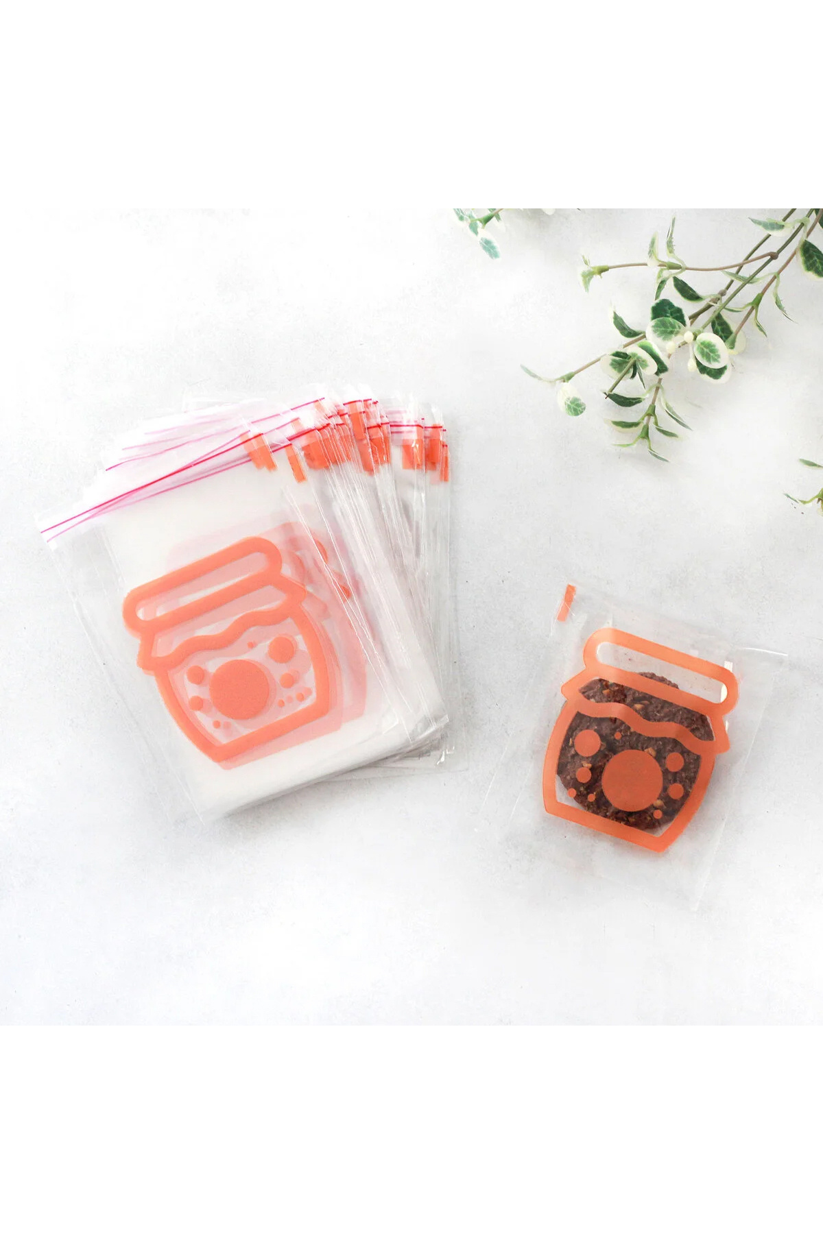 Bimotif Turuncu renkli kavanoz baskılı bantlı şeffaf poşet 10x15 cm (5 adet)