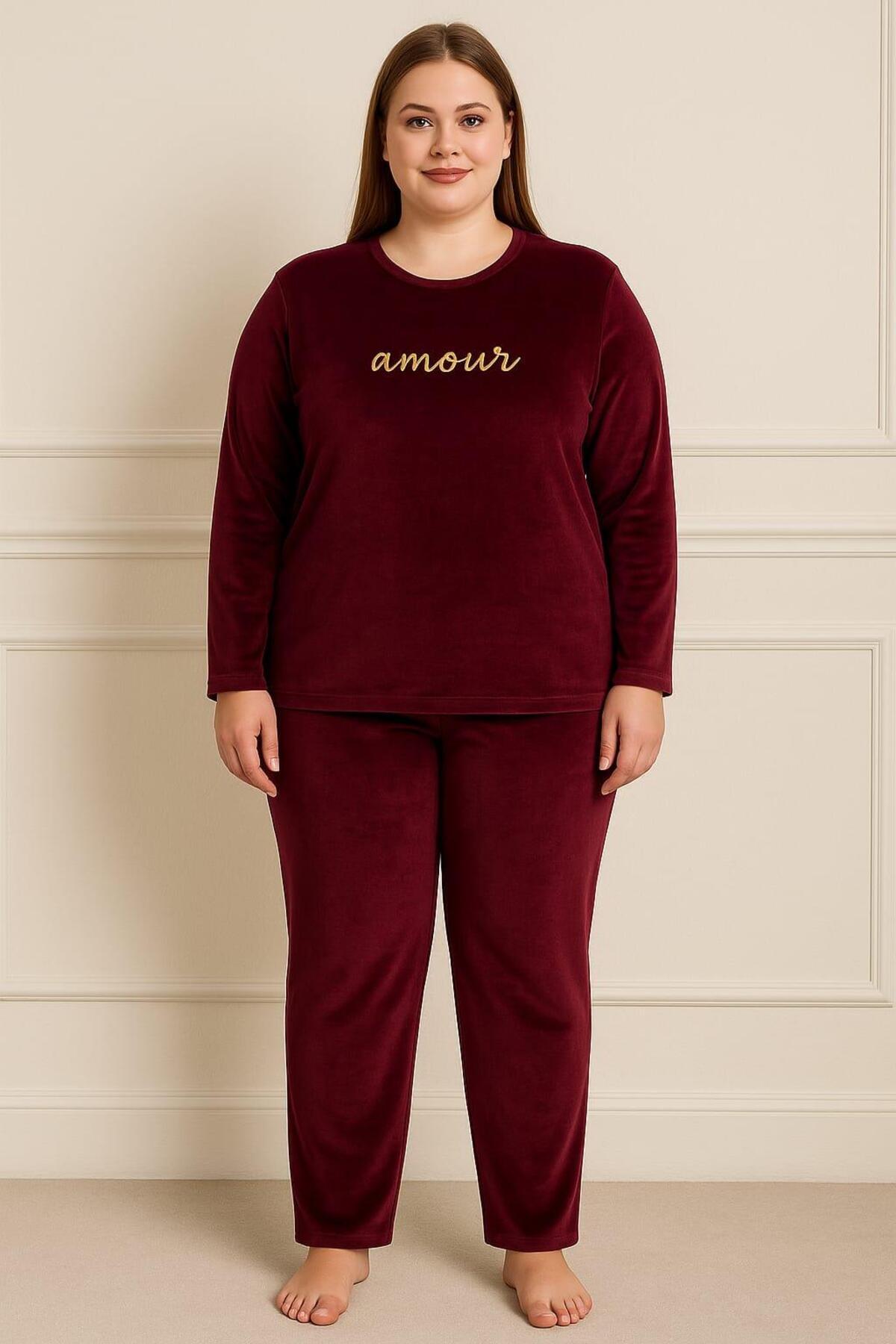 Pemilo Kadın 13213 Büyük Beden Kadife Pijama Takımı MÜRDÜM