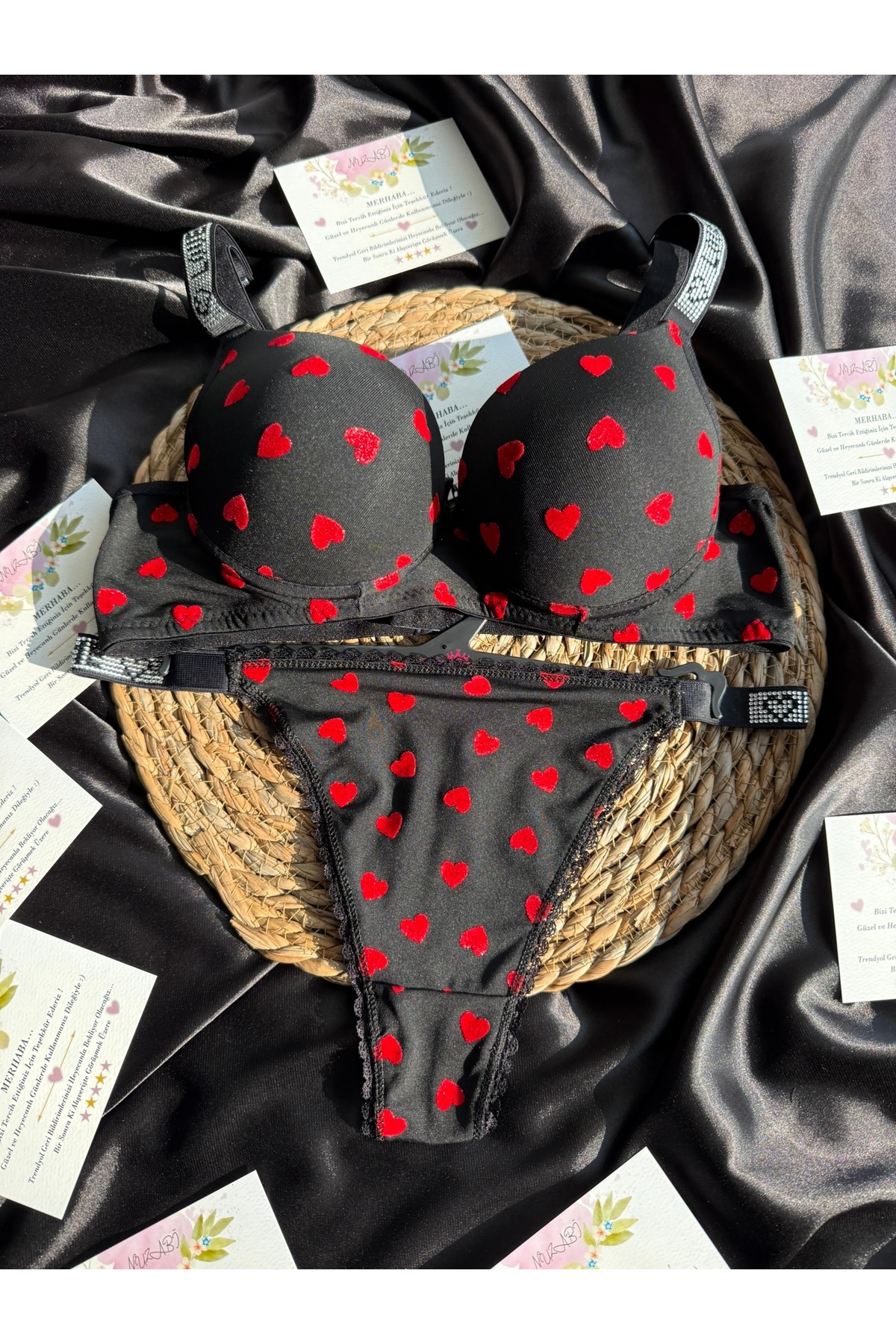 Love Black Red Padded Underwired Heart Patterned Bra Set