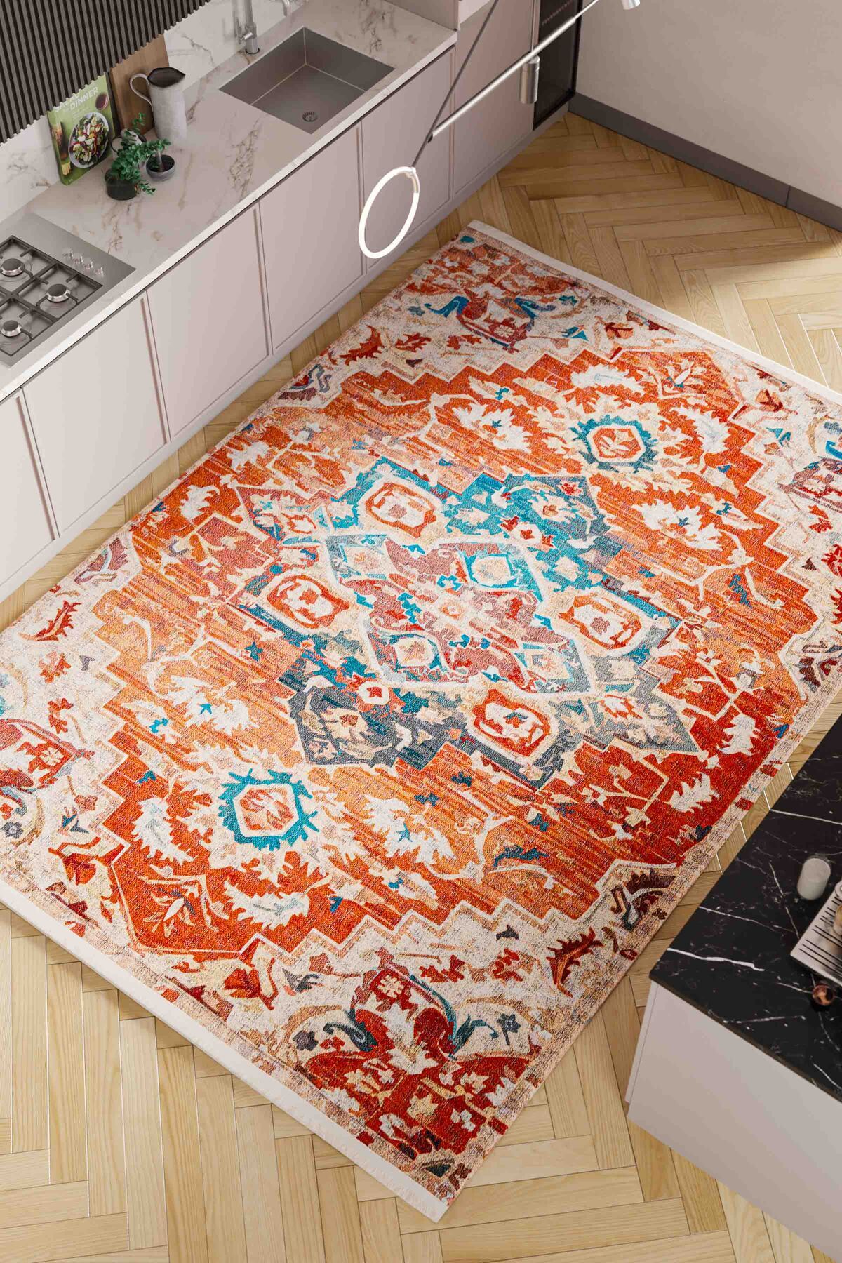 Oriente Home Klasik Desen Kırmızı Şönil Makine Halısı Kaymaz Taban Yıkanabilir Mutfak Halısı 7465