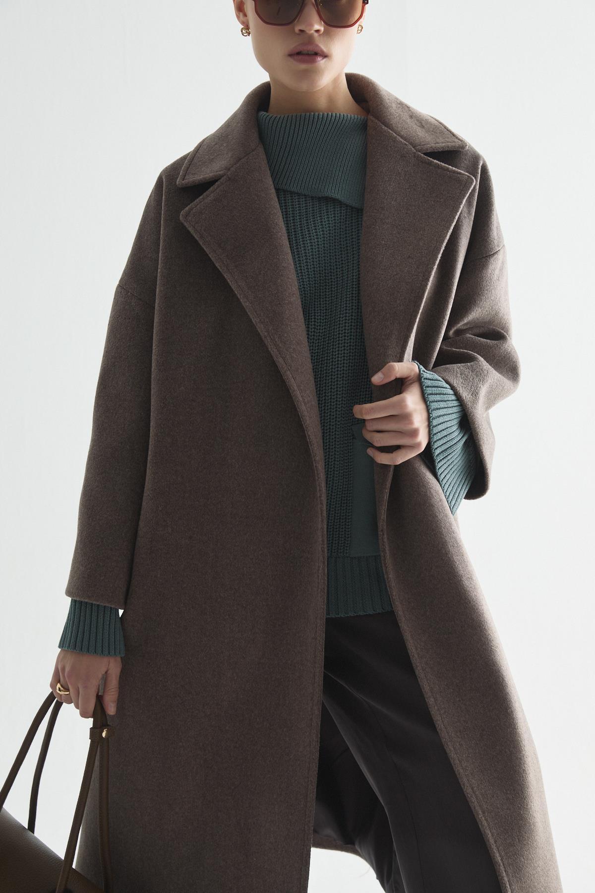 Zeyyen  KAŞMİR DOKULU KUŞAKLI UZUN KABAN KAHVERENGİ - Görsel 4