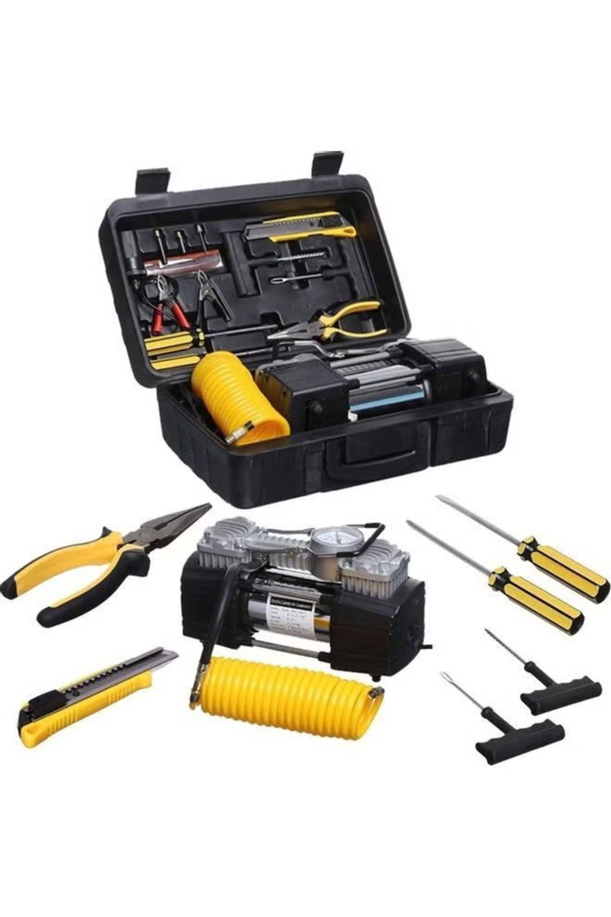 Air Compressor Tyre Double Cylinder Inflator Heavy Duty Pump With Car Emergency Kit AIR123, one size