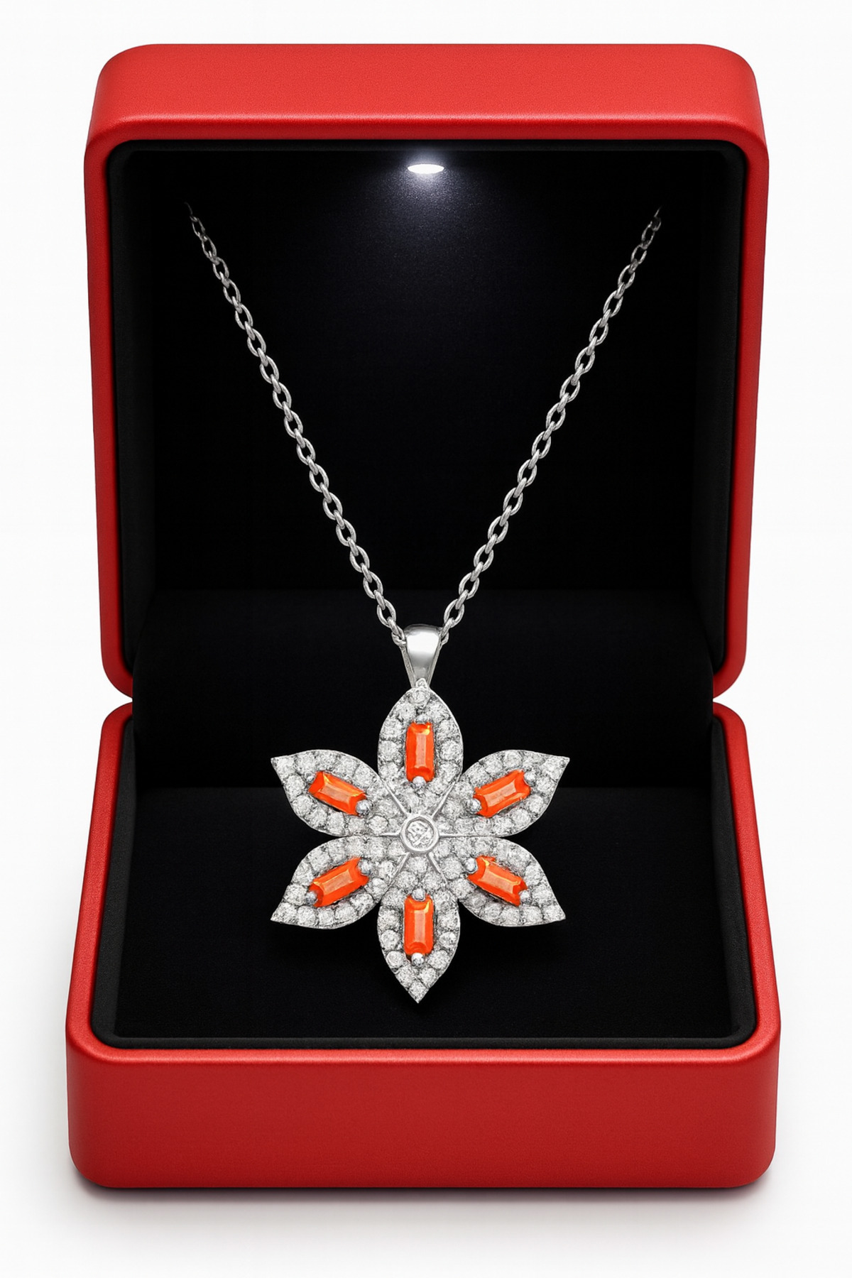 KAR DİAMOND 14 Ayar Altın Zincirli Rodyum Kaplama Zirkon Taşlı Lotus Çiçeği Kolye – Işıklı Hediye Kutulu