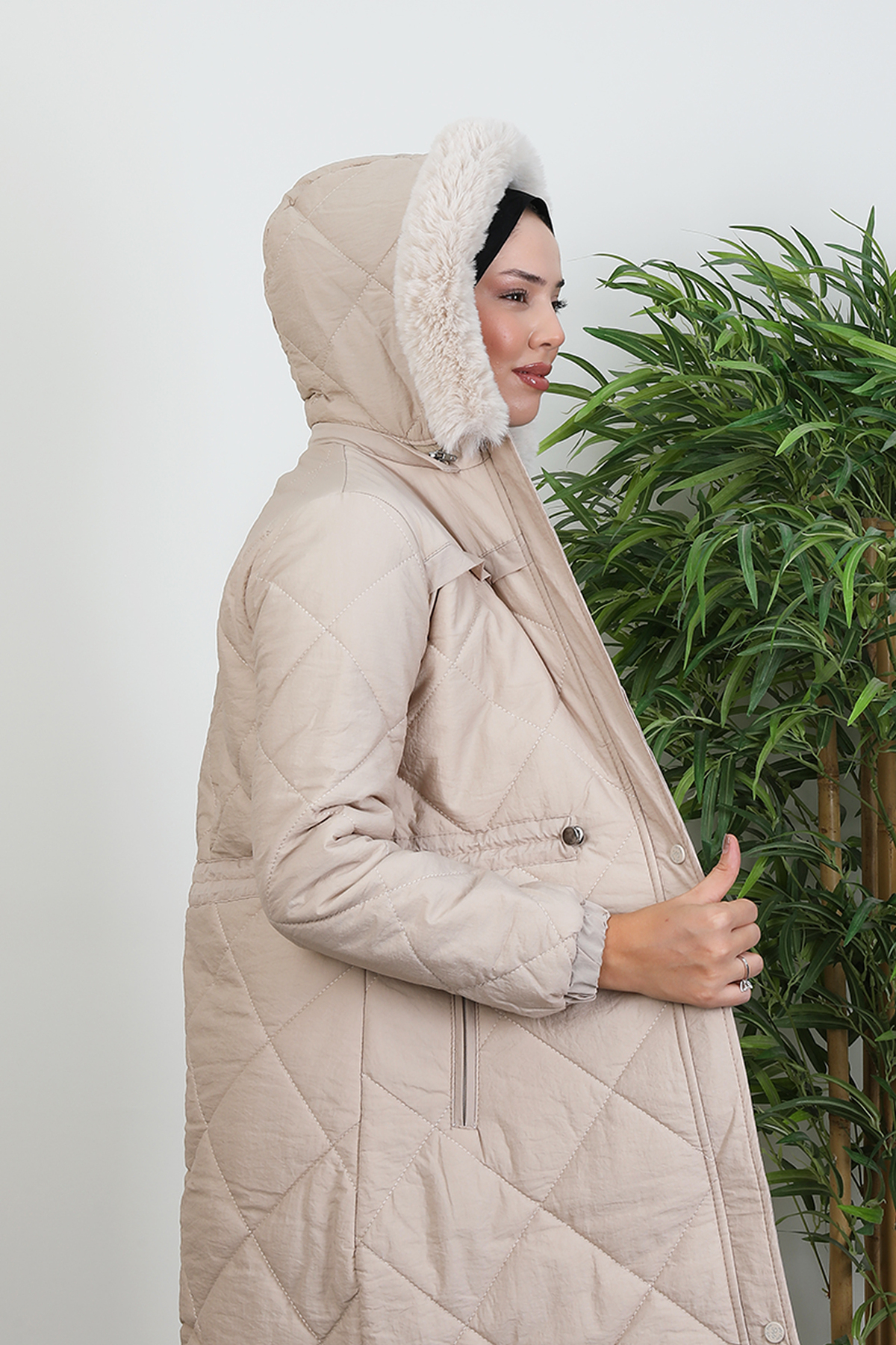 Lamia Giyim  Aysema Kürklü Şişme Mont Açık Pudra - Görsel 6