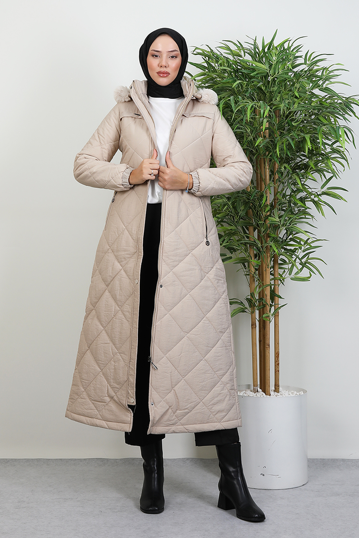 Lamia Giyim  Aysema Kürklü Şişme Mont Açık Pudra - Görsel 4