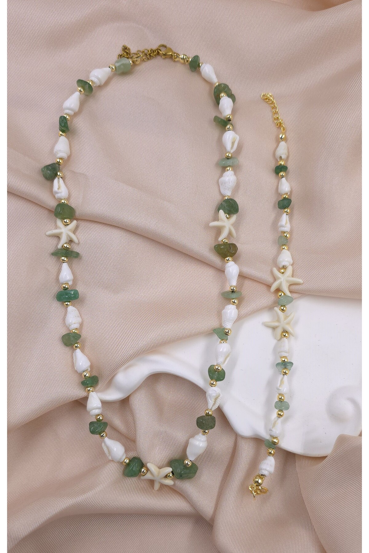 Peace and Luck Stone Jade Natural Stone Necklace and Bracelet | Gold Detailed, Nickel-Free Design