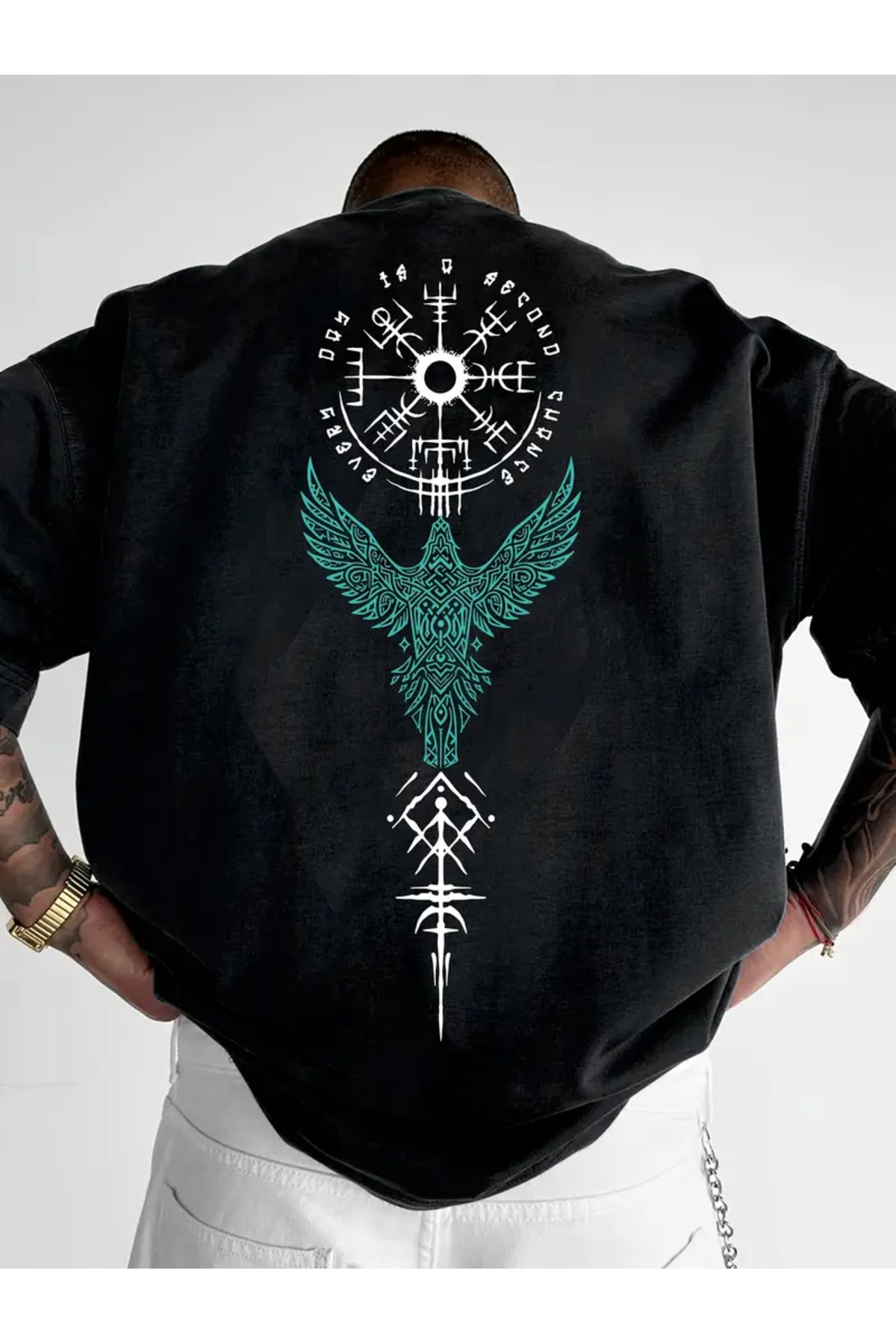 ibibik moda  Viking Sembollü Kartal Desenli Oversize Tişört