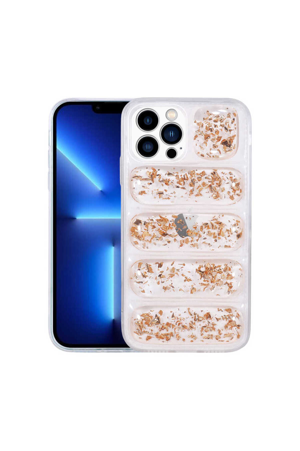 iPhone 13 Pro Uyumlu Kamera Korumalı Simli AiHTTg'li ATA Dalga Kılıf-Gold