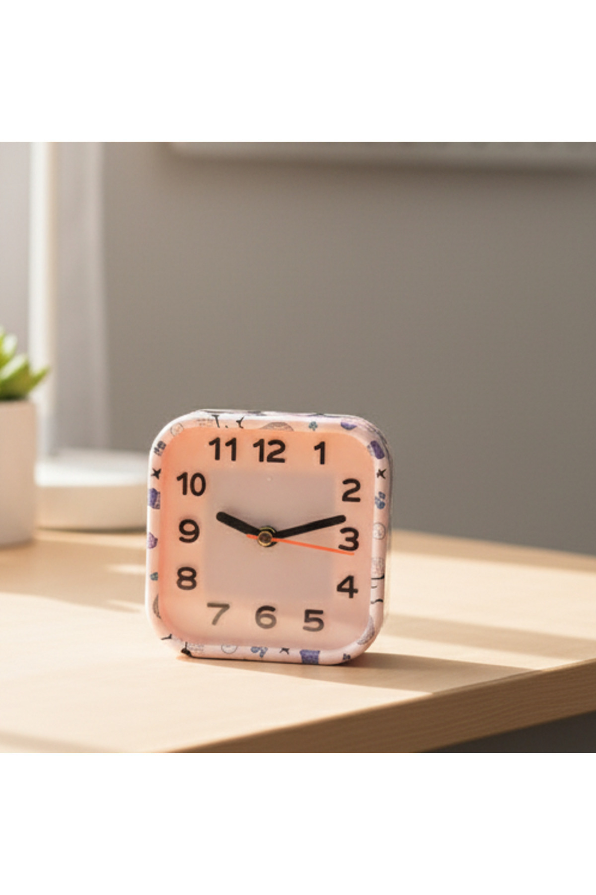 Livava Desenli Mini Kare Masa Saati, Pembe, 13x13
