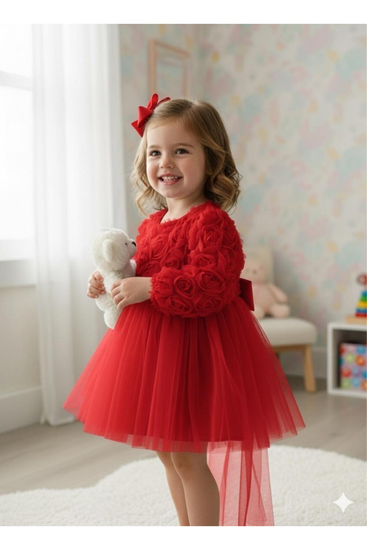 Baby Girl Rose Patterned Bow Lu Stylish Special Day Evening Dress 0-5 Years