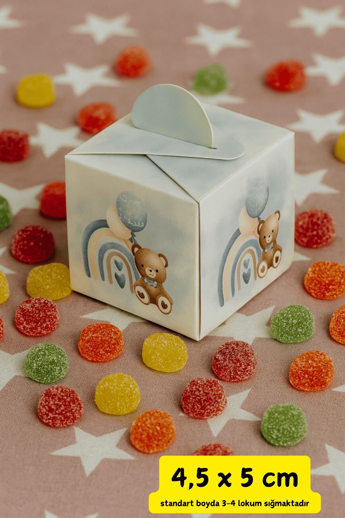 Emtory Home Kare Kutu | Ayıcıklı Balonlu Lokum Kutusu - Şeker Kutusu - Mevlid Kutusu - Sünnet Hediyelik 10 Adet