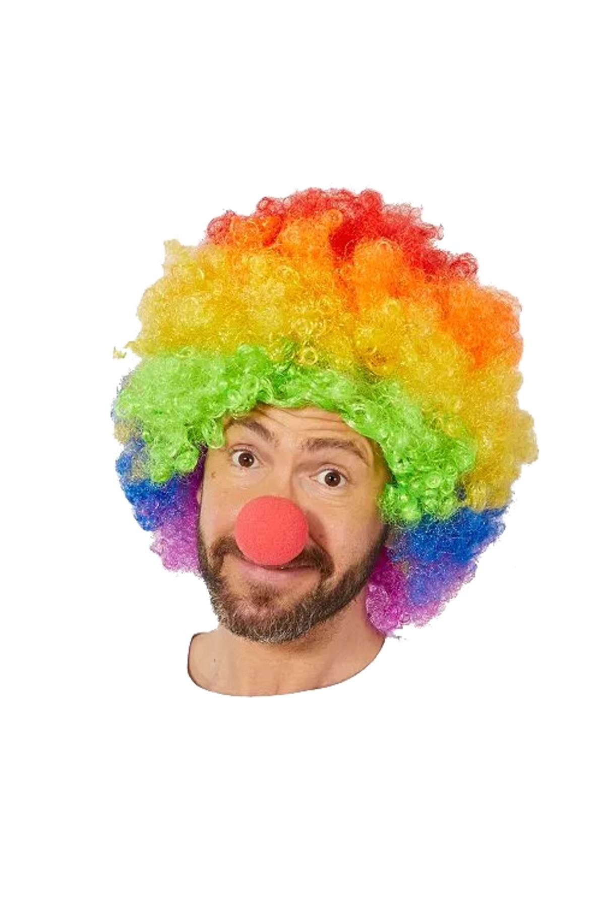 FarkAvm Rengarenk Gökkuşağı Afro Bonus Peruk Ve Kırmızı Renk Sünger Burun 120 Gr