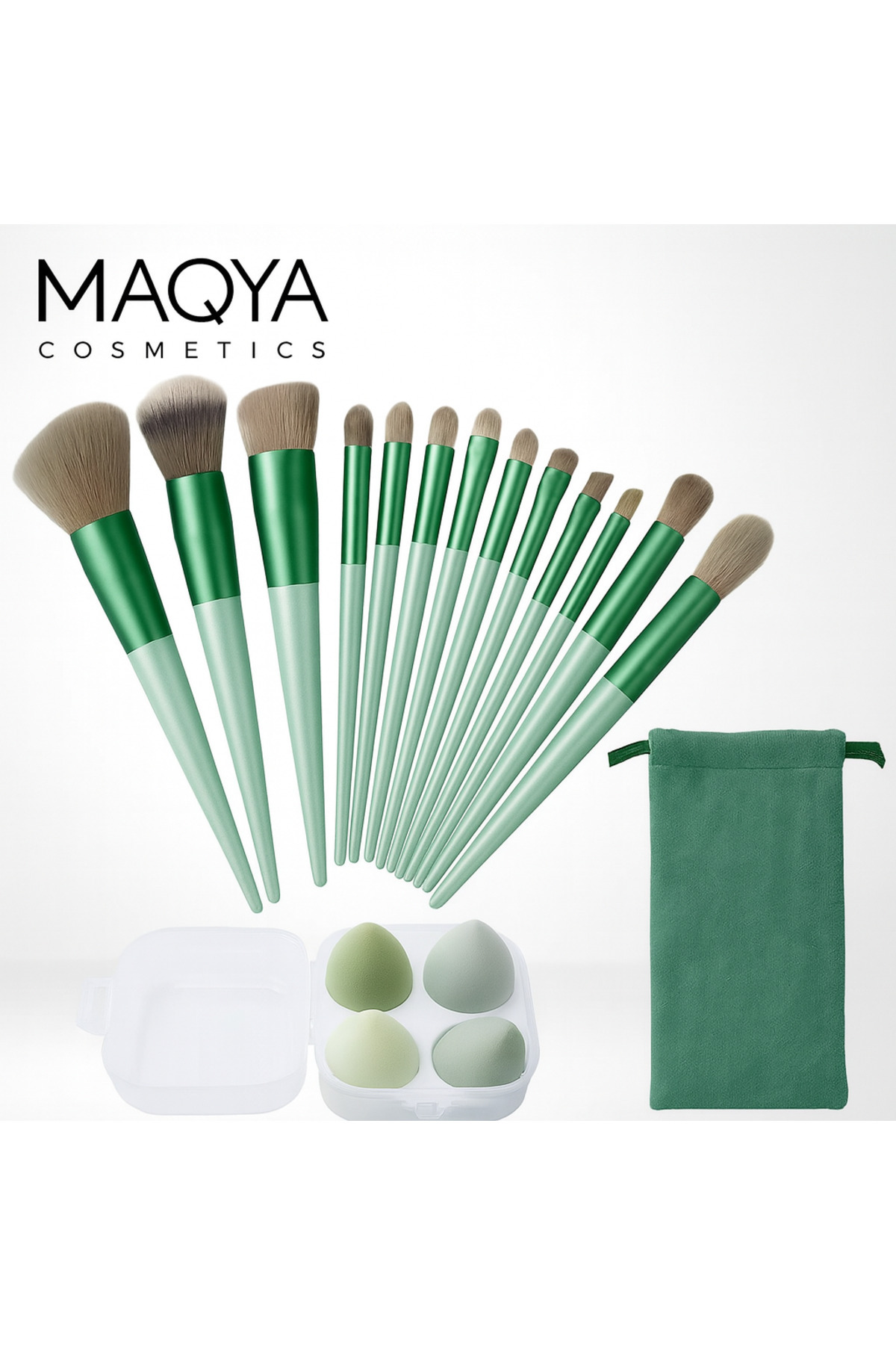MAQYA KOZMETİK Fix Özel Keseli 13'lü Fırça Seti Yeşil ve 4LÜ Sert Kutulu Makyaj Süngeri Seti 17 PARÇA