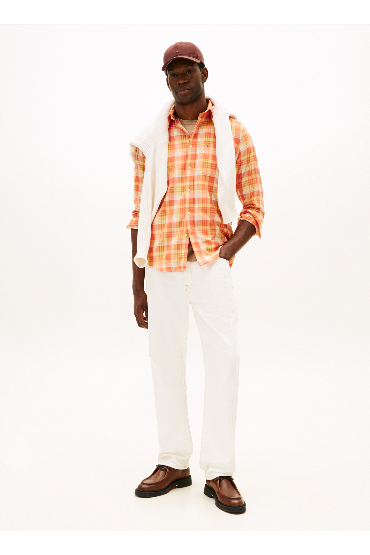 تامی هیلفیگر پیراهن مردانه یقه معمولی نارنجی MW0MW414220PE_SOFT TOUCH BLEND CHEC