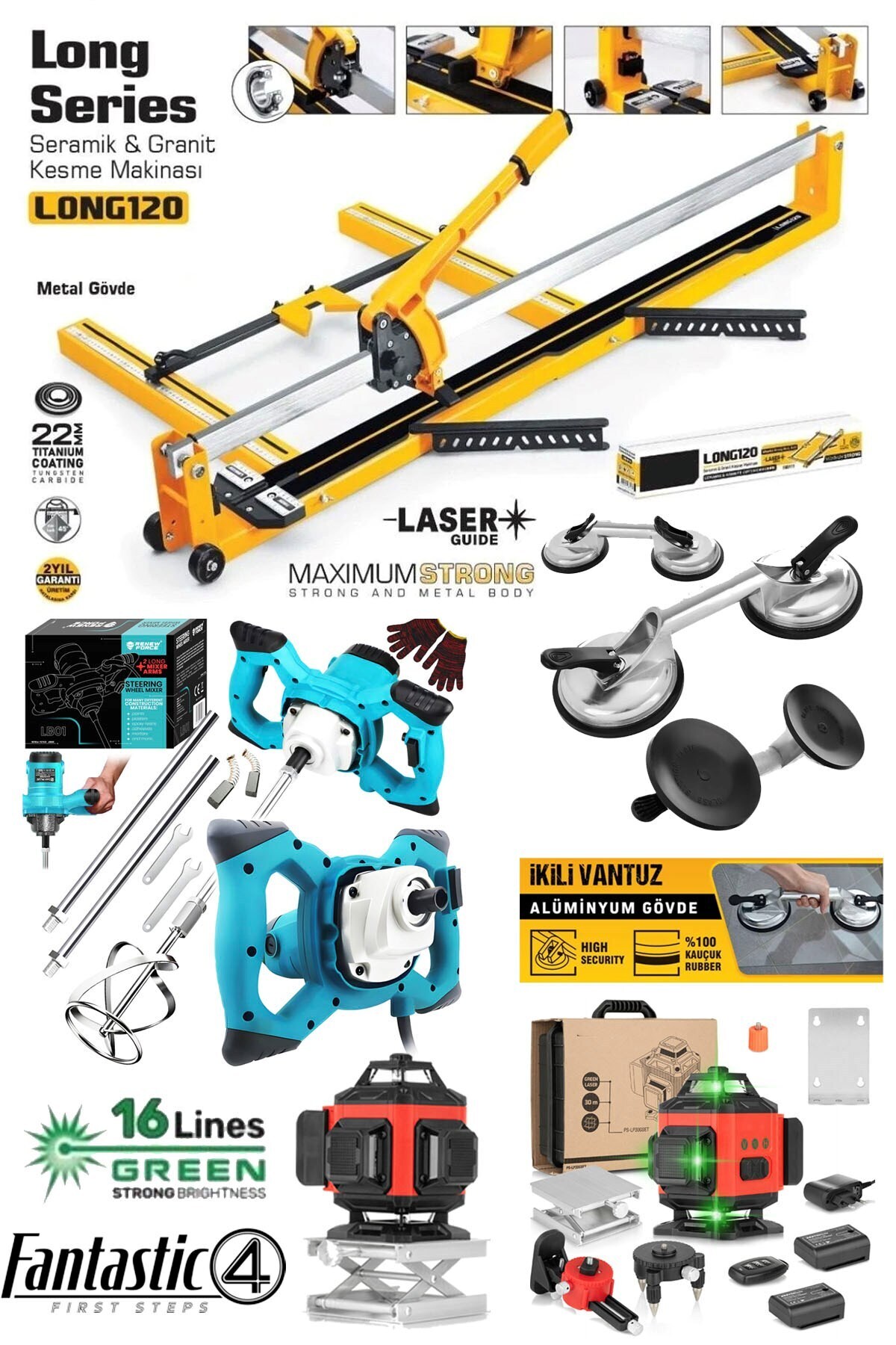 STAXX POWER Fantastic 4'lü Seramik Usta Seti – 120cm Seramik Kesme, Lazer Hizalama, Vantuz ve Karıştırıcı Mikser