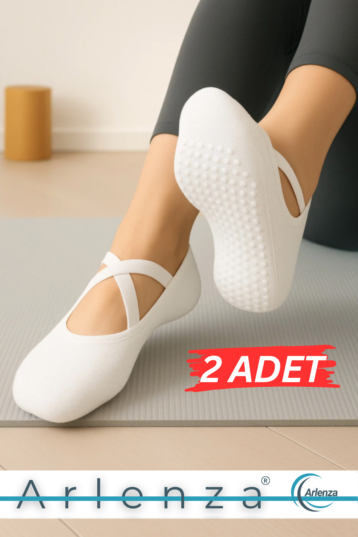 Jusmart 2 Adet Beyaz Kadın Babet Çorap ◆ Pamuklu Kaymaz Silikon Taban ◆ Yoga Pilates Tavaf Dans