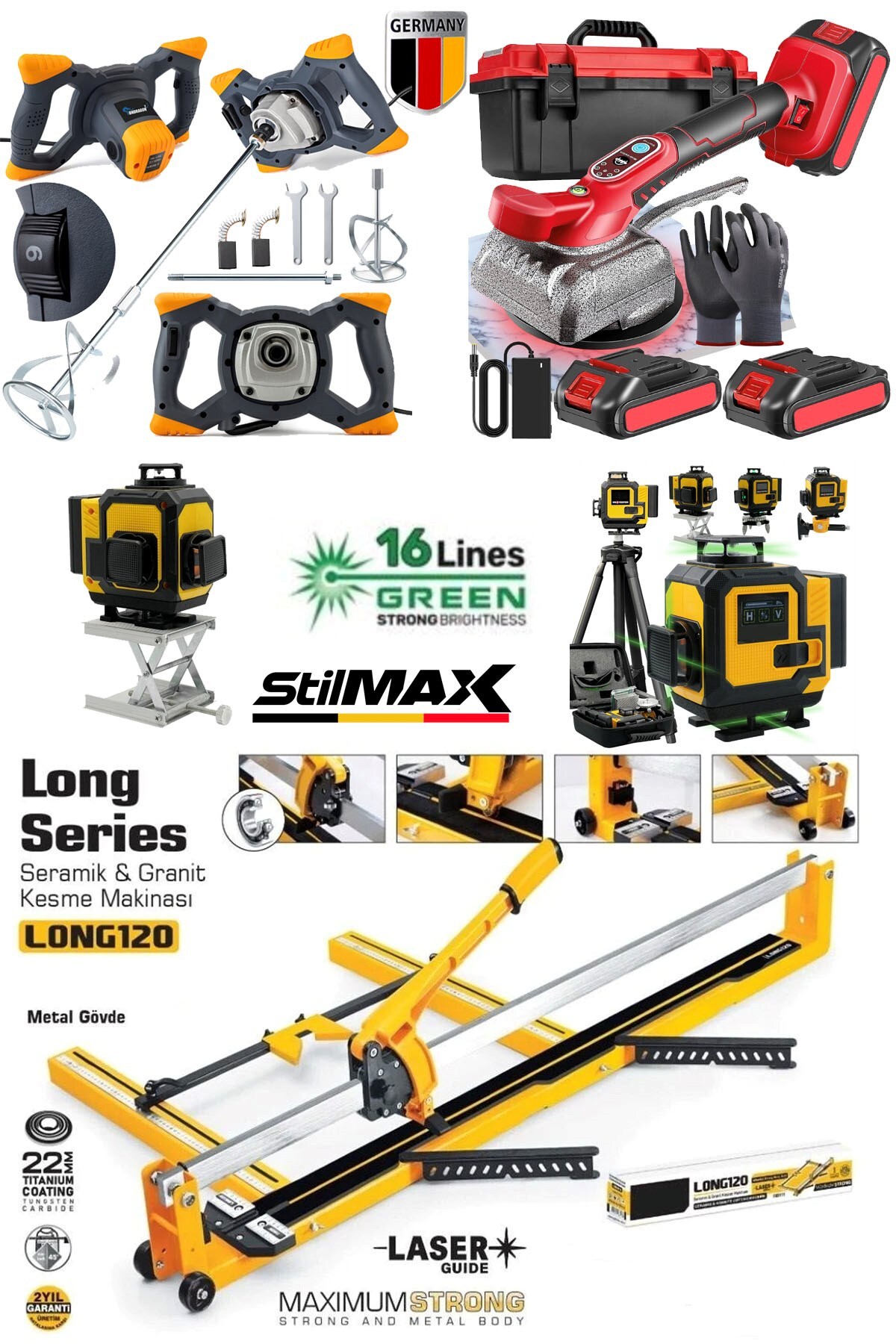 STILMAX Seramik Süper4 Series- 16 Çizgi Satır Lazer Hizalama-Akülü Vantuz-120 mm Seramik Fayans Kesme-Mikser