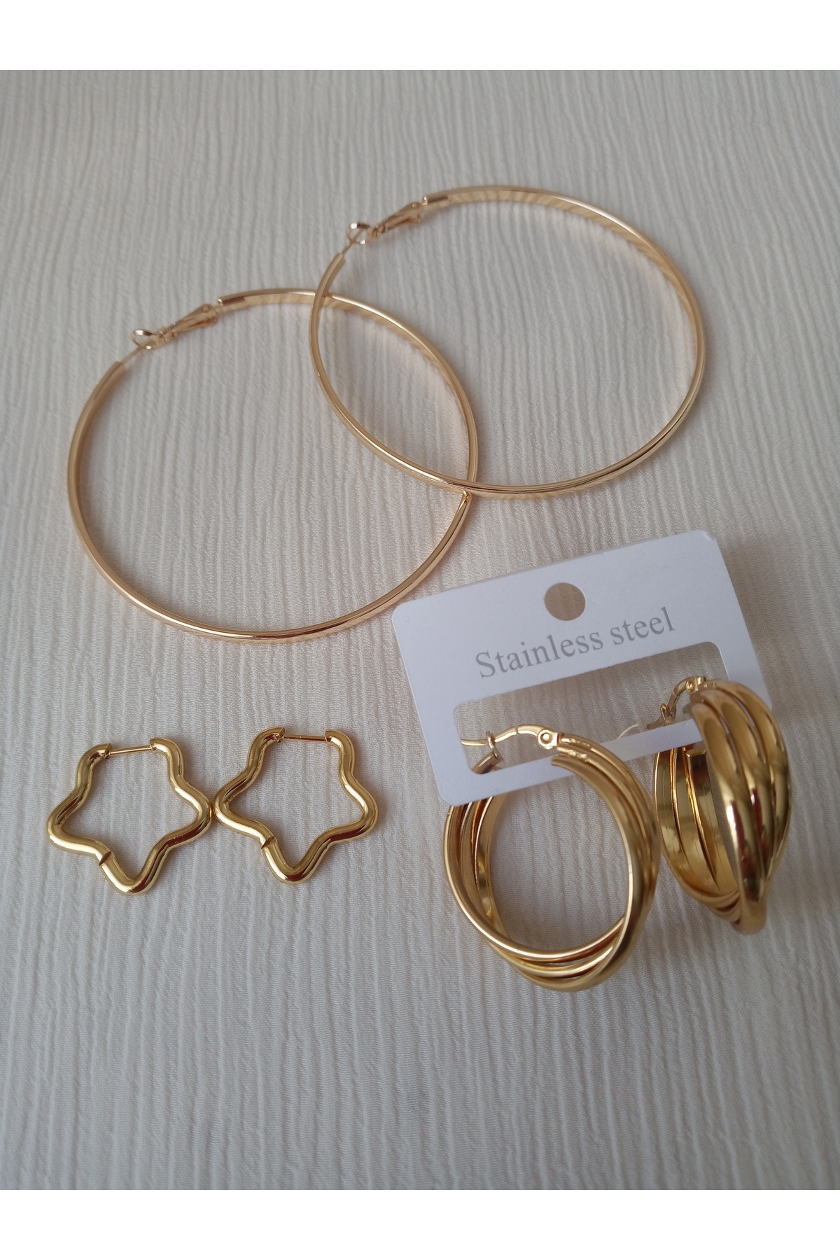 KobalBusiness Çelik Küpe Set- 7cm Büyük Halka +3cm Sarmal+2cm Yıldız 316L Küpe Set.