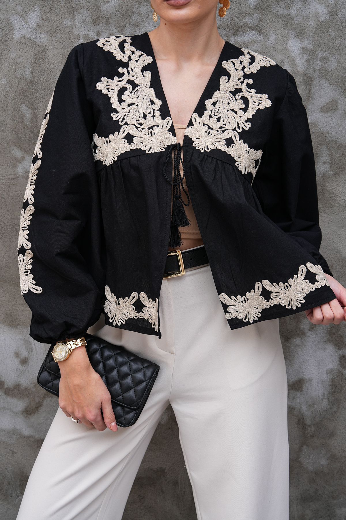 Black Fringed Embroidered Slim Jacket with Tie Front