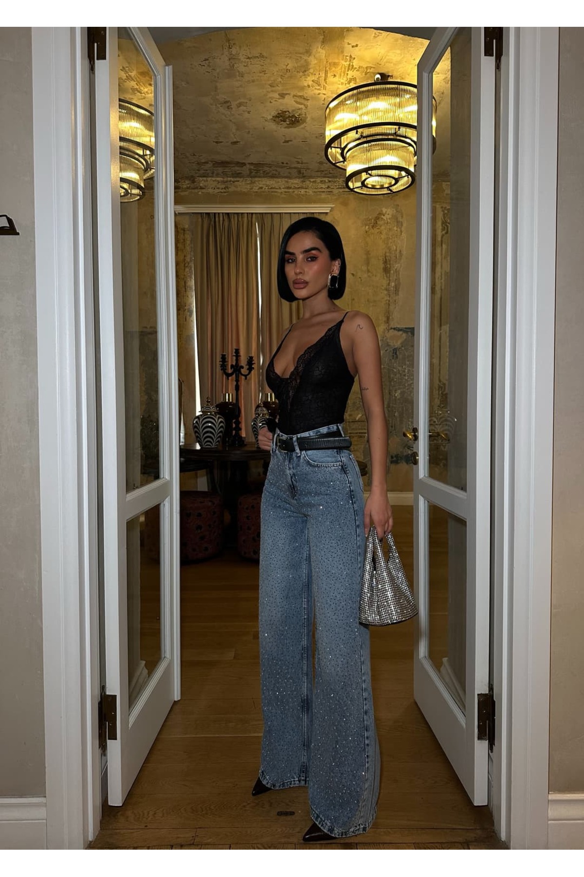 GLAMMOSS L'Atelier  Yüksek Bel Taşlı Wide Leg Baggy Jean - Görsel 5