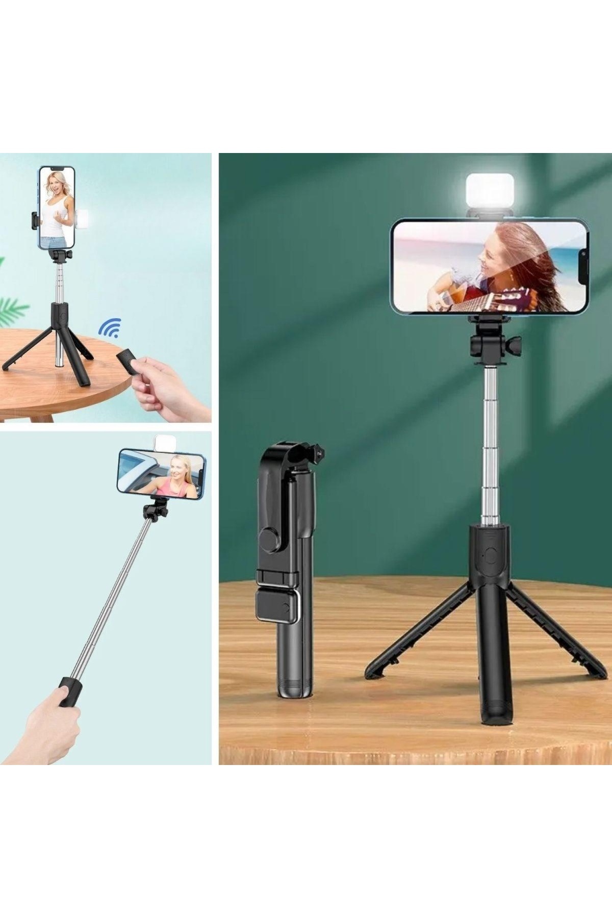 Go İthalat Kendiliğinden Işıklı Masaüstü Tripod Olabilen Telefon Tutuculu Kablosuz Kumandalı Selfie Çubuğu