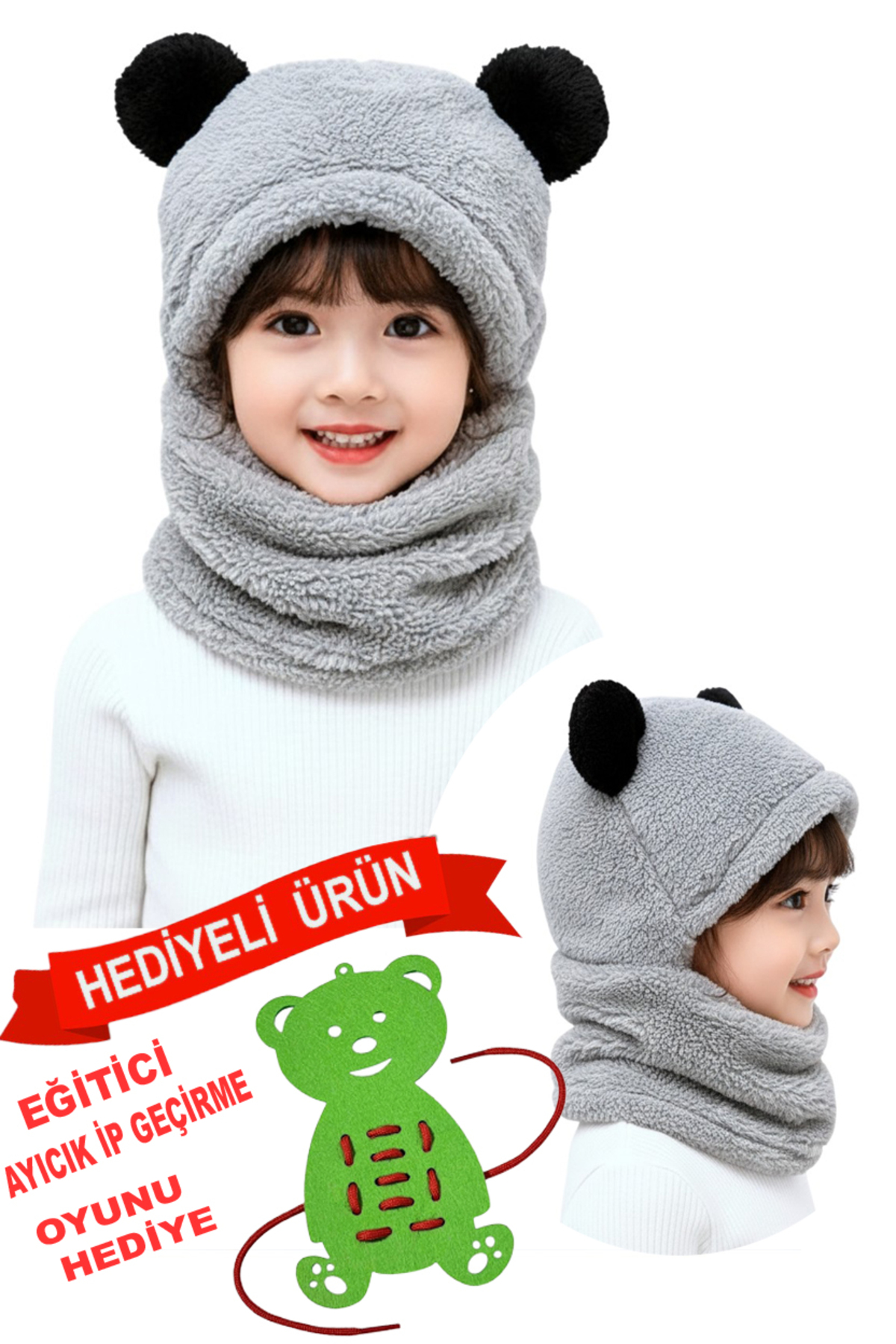 Cute Teddy Bear Panda Kids Hooded Ears Plush Beanie Welsoft Windproof Neck Hat