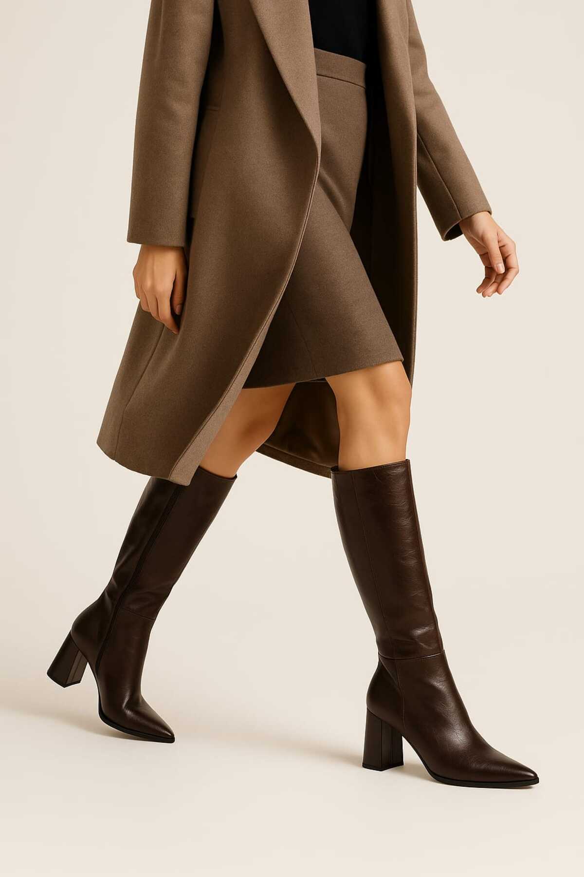 ÜNAL ÖZER  KADIN KAHVE RUSTİK RUGAN SİVRİ BURUN ORTA BOY TOPUKLU ÇİZME UN001-0132 - Görsel 3